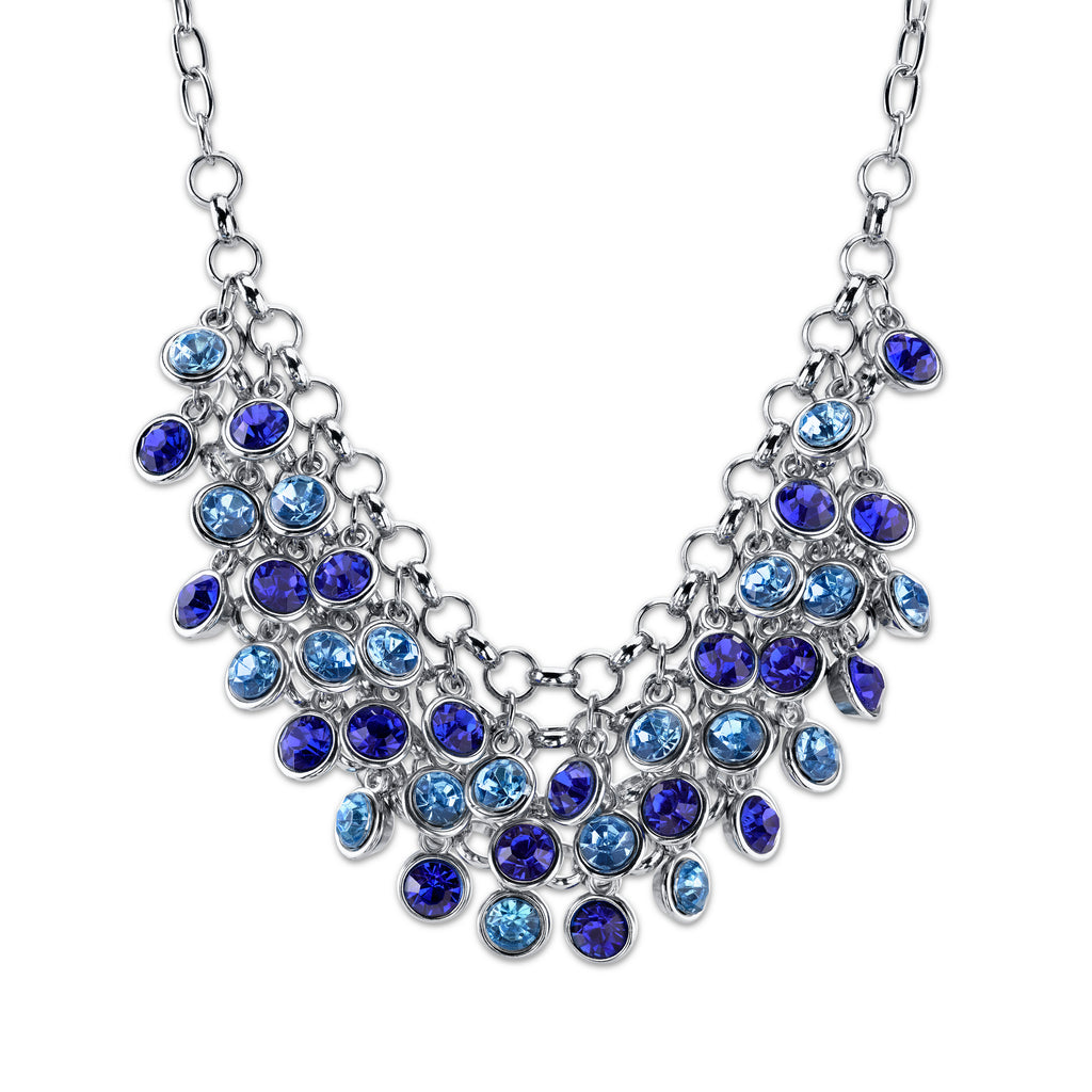 Silver Tone Blue Cluster Bib Necklace 16   19 Inch Adjustable
