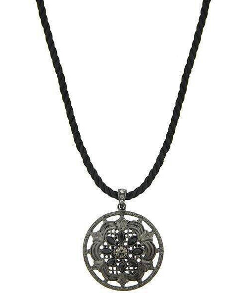 2028 Jewelry Black Twist Cord Round Black Crystal Floral Pendant Necklace 18"