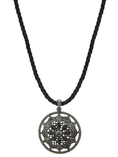 2028 Jewelry Black Twist Cord Round Black Crystal Floral Pendant Necklace 18"