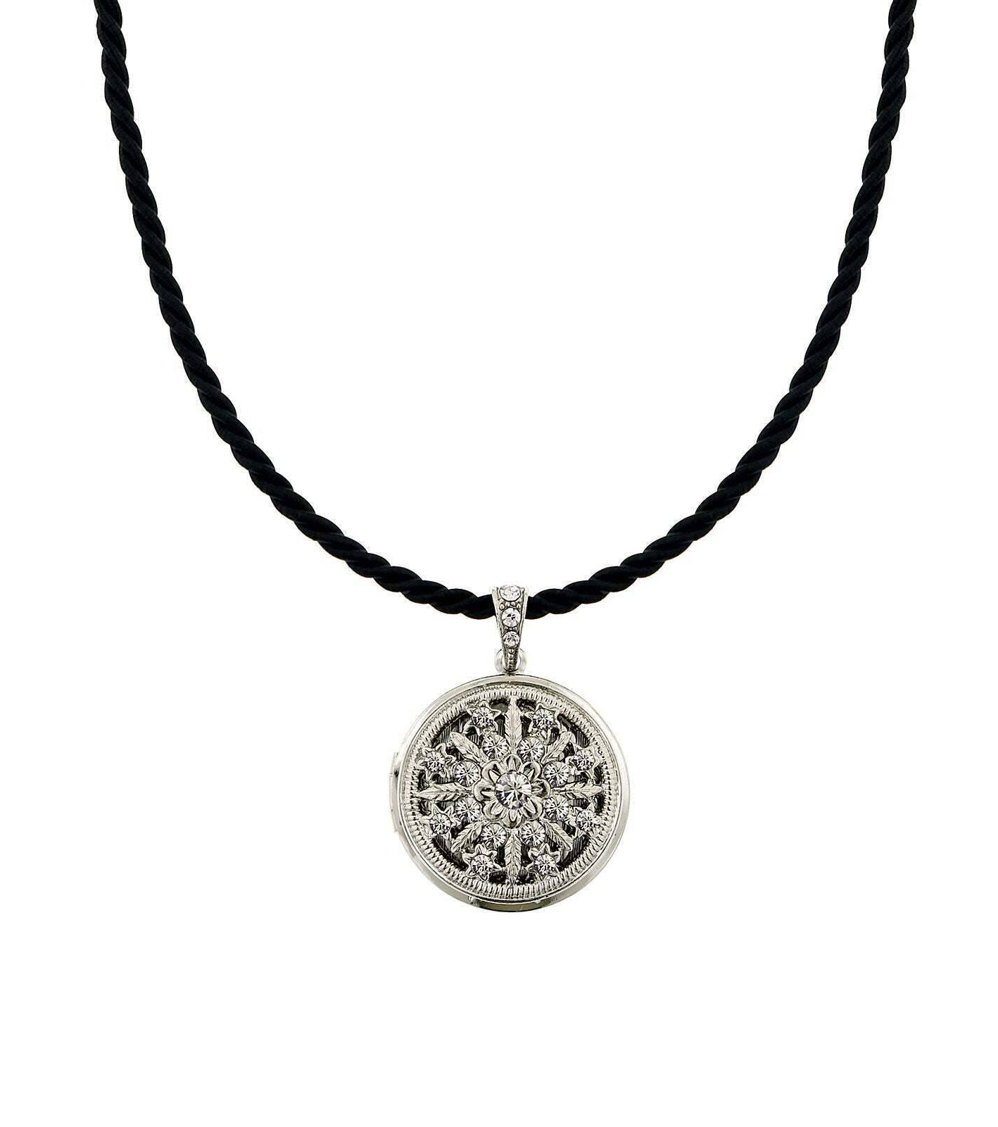 2028 Jewelry Flower & Stars Crystal Round Locket Necklace 18"