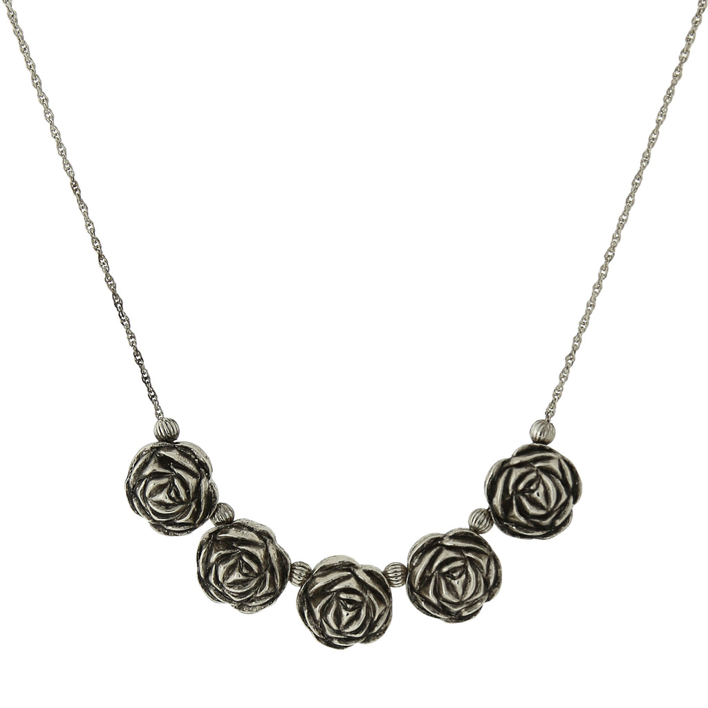 Silver Tone Flower Bib Necklace 16 19 Inch Adjustable