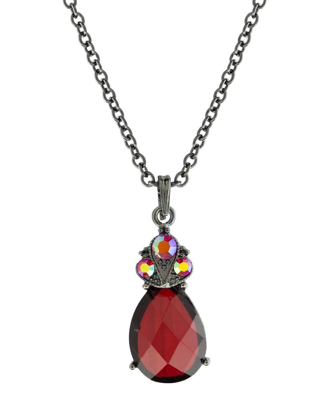 1928 Jewelry AB Crystal Siam Red Teardrop Pendant Necklace 16"+ 3" Extender