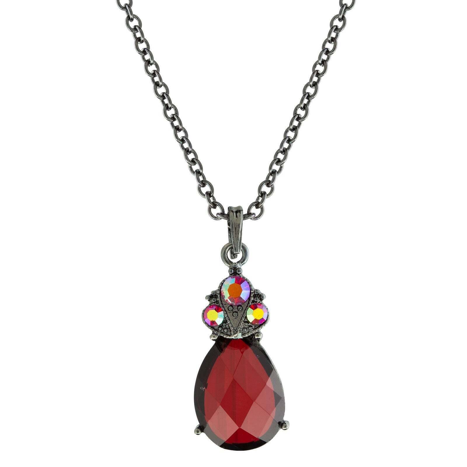 1928 Jewelry AB Crystal Siam Red Teardrop Pendant Necklace 16"+ 3" Extender