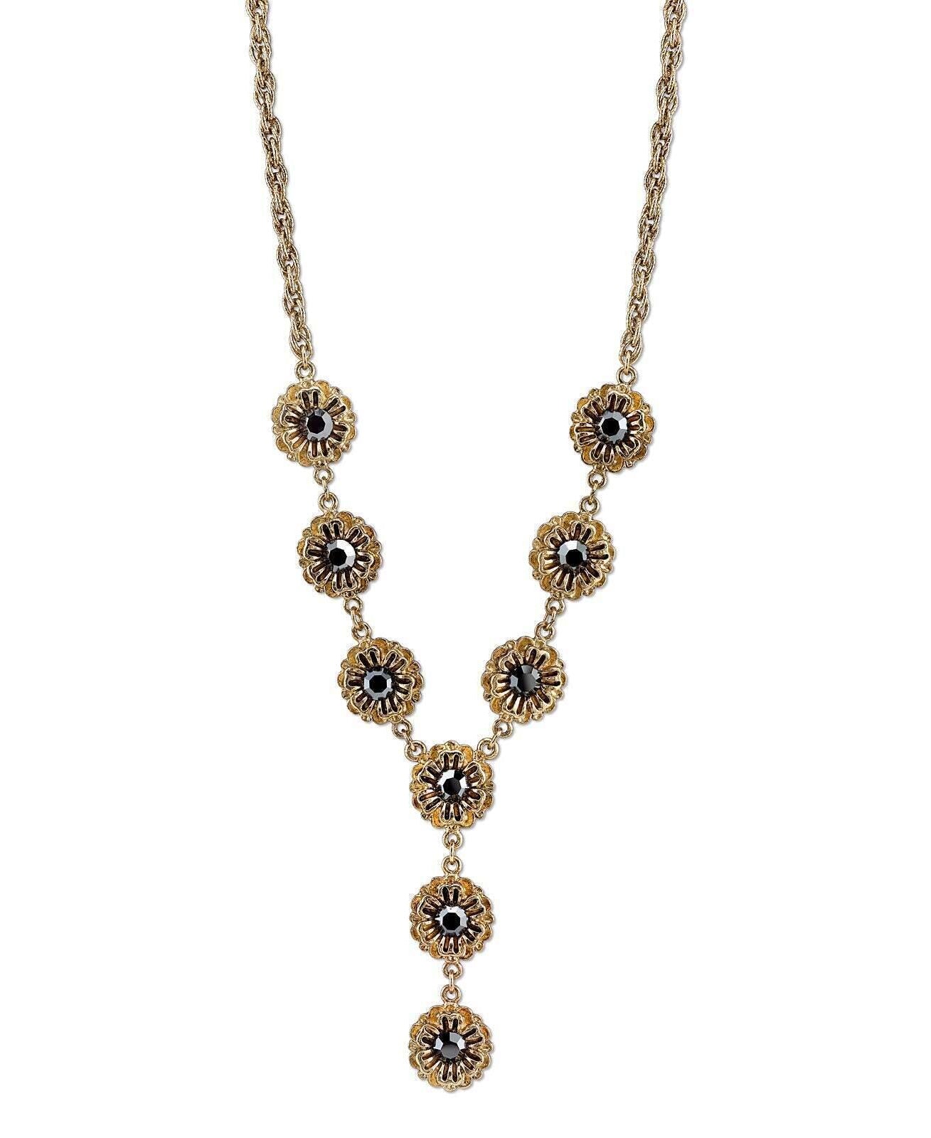 2028 Jewelry Hematite Glass Crystal Flower Y-Necklace 16" + 3" Extender