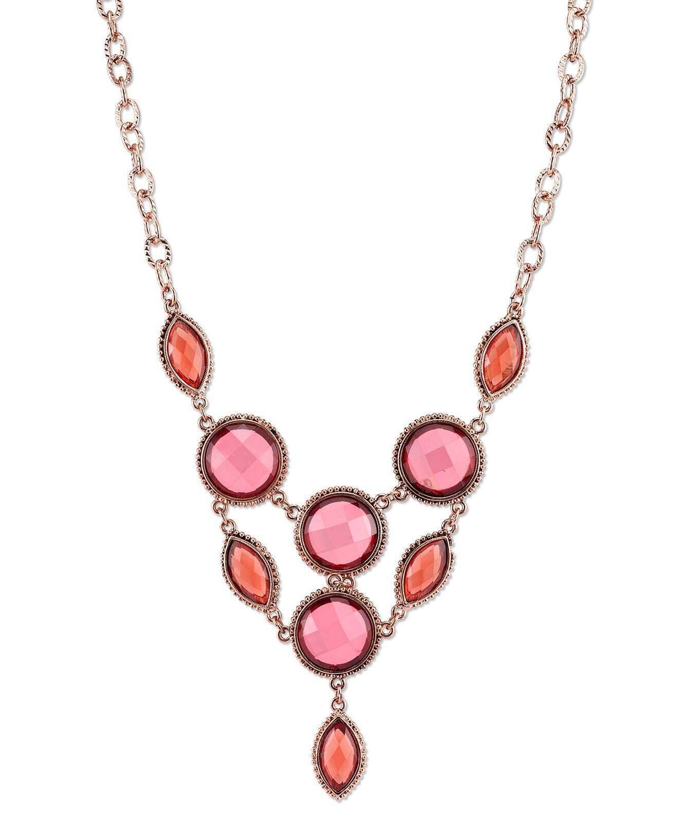 2028 Jewelry Pink-Orange And Raspberry Color Faceted Bib Necklace 16" + 3" Extender