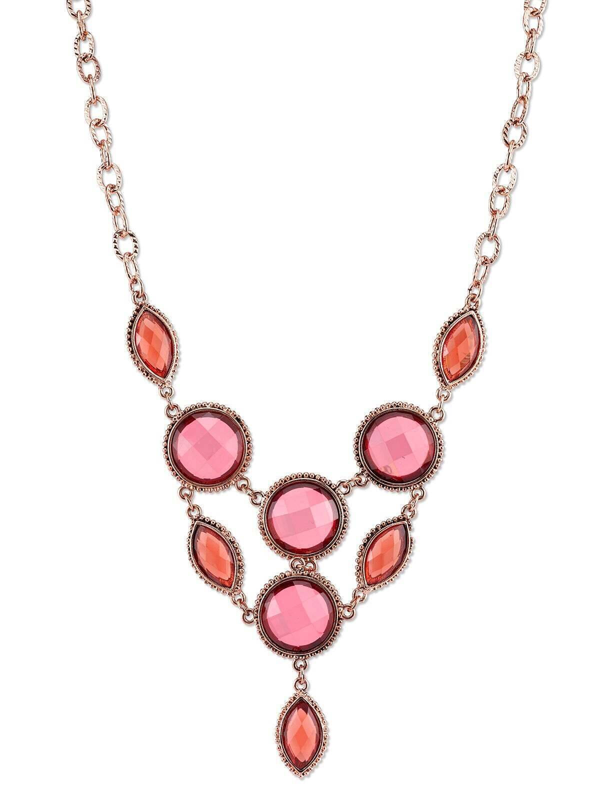 2028 Jewelry Pink-Orange And Raspberry Color Faceted Bib Necklace 16" + 3" Extender