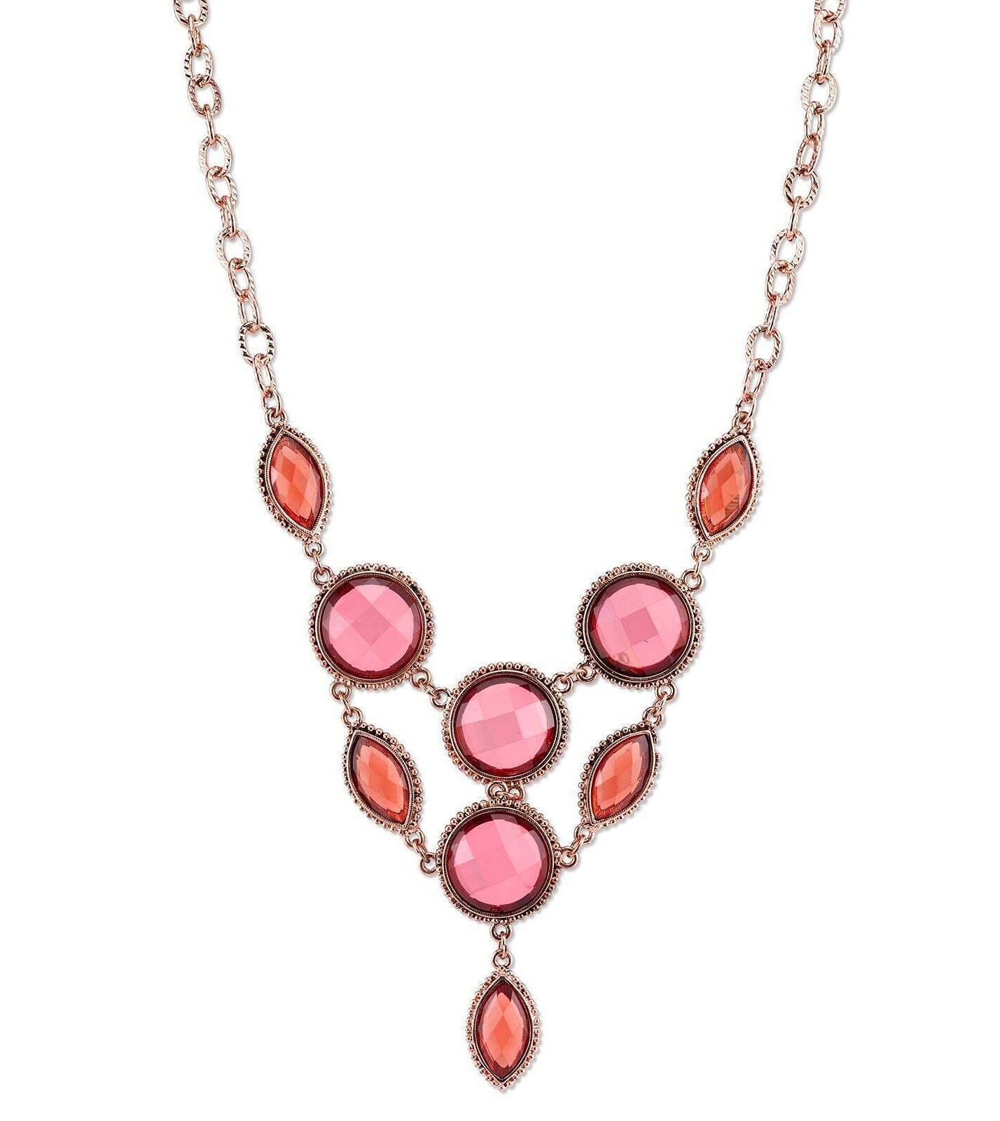 2028 Jewelry Pink-Orange And Raspberry Color Faceted Bib Necklace 16" + 3" Extender