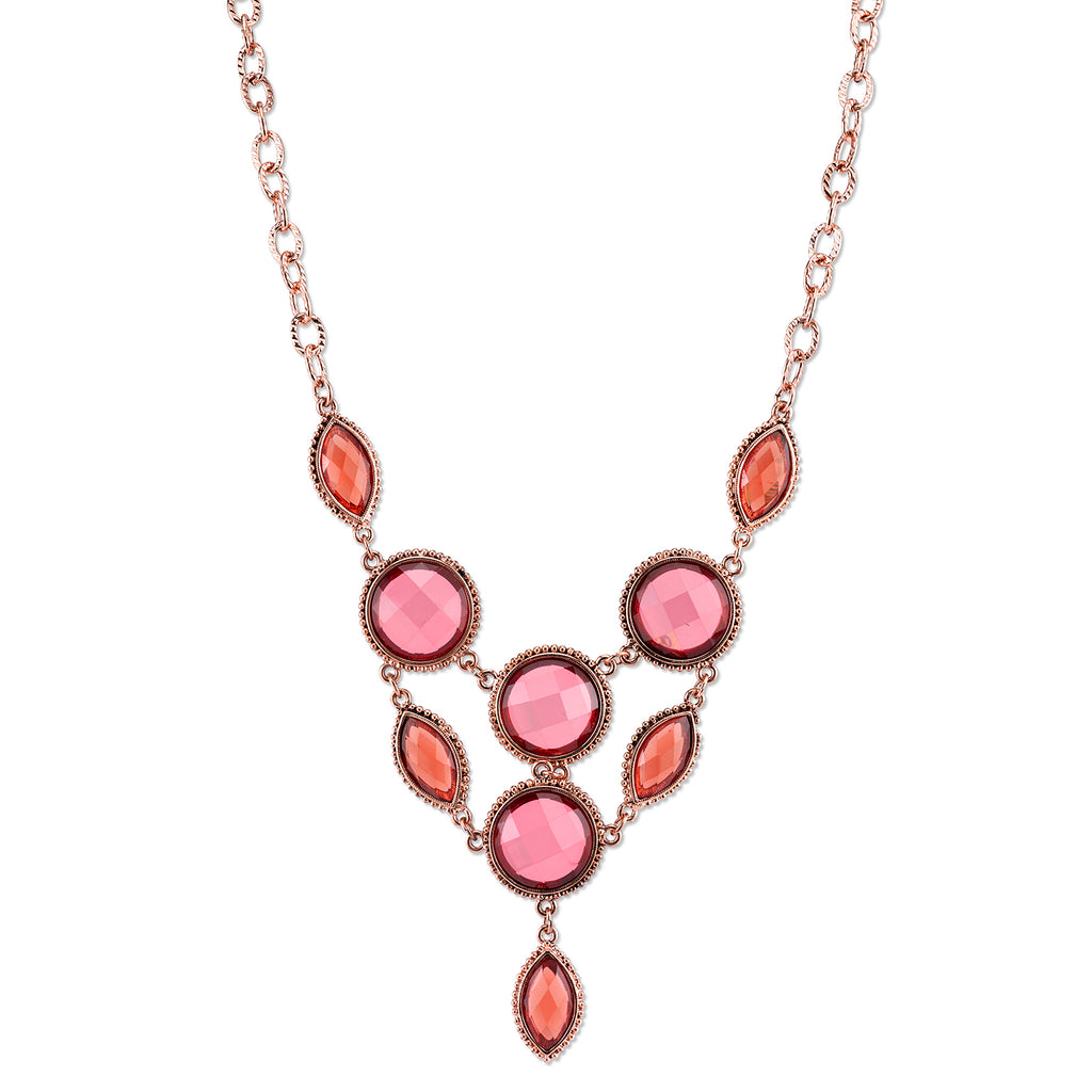 Copper Tone Pink Orange And Raspberry Color Faceted Bib Necklace 16   19 Inch Adjustable