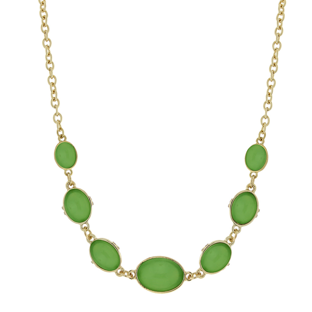 Gold Tone Green Cabachon Collar Necklace 16   19 Inch Adjustable