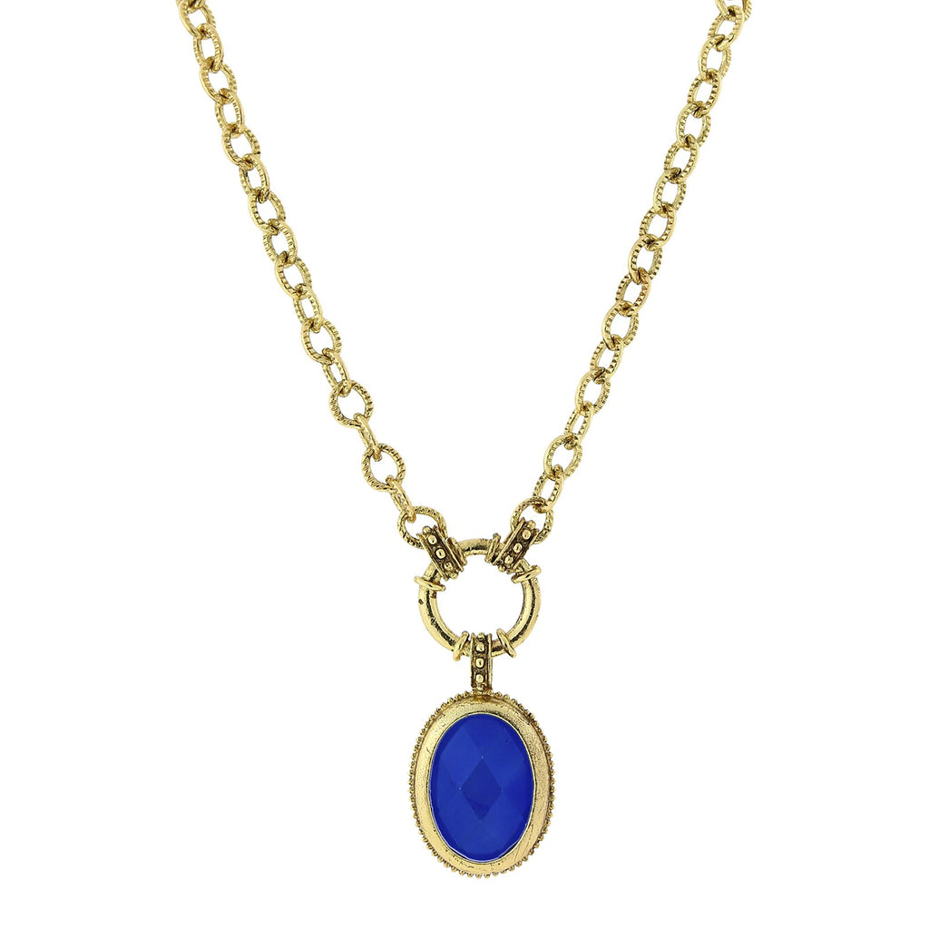 Blue Oval Faceted Semi Transparent Pendant Necklace 16   19 Inch Adjustable