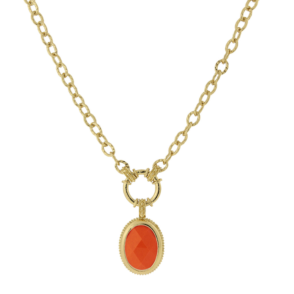 Gold Tone Orange Oval Faceted Semi Transparent Pendant Necklace 16   19 Inch Adjustable