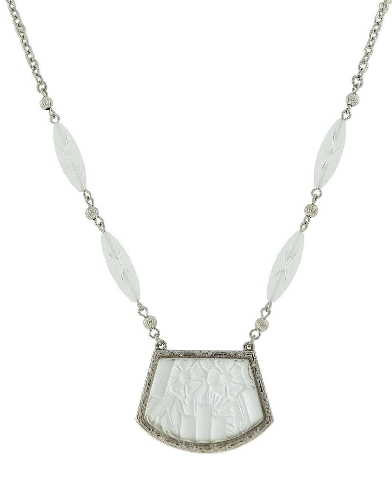 1928 Jewelry White Lalique Frosted Glass Flower Stone Pendant Necklace 16" + 3" Extender