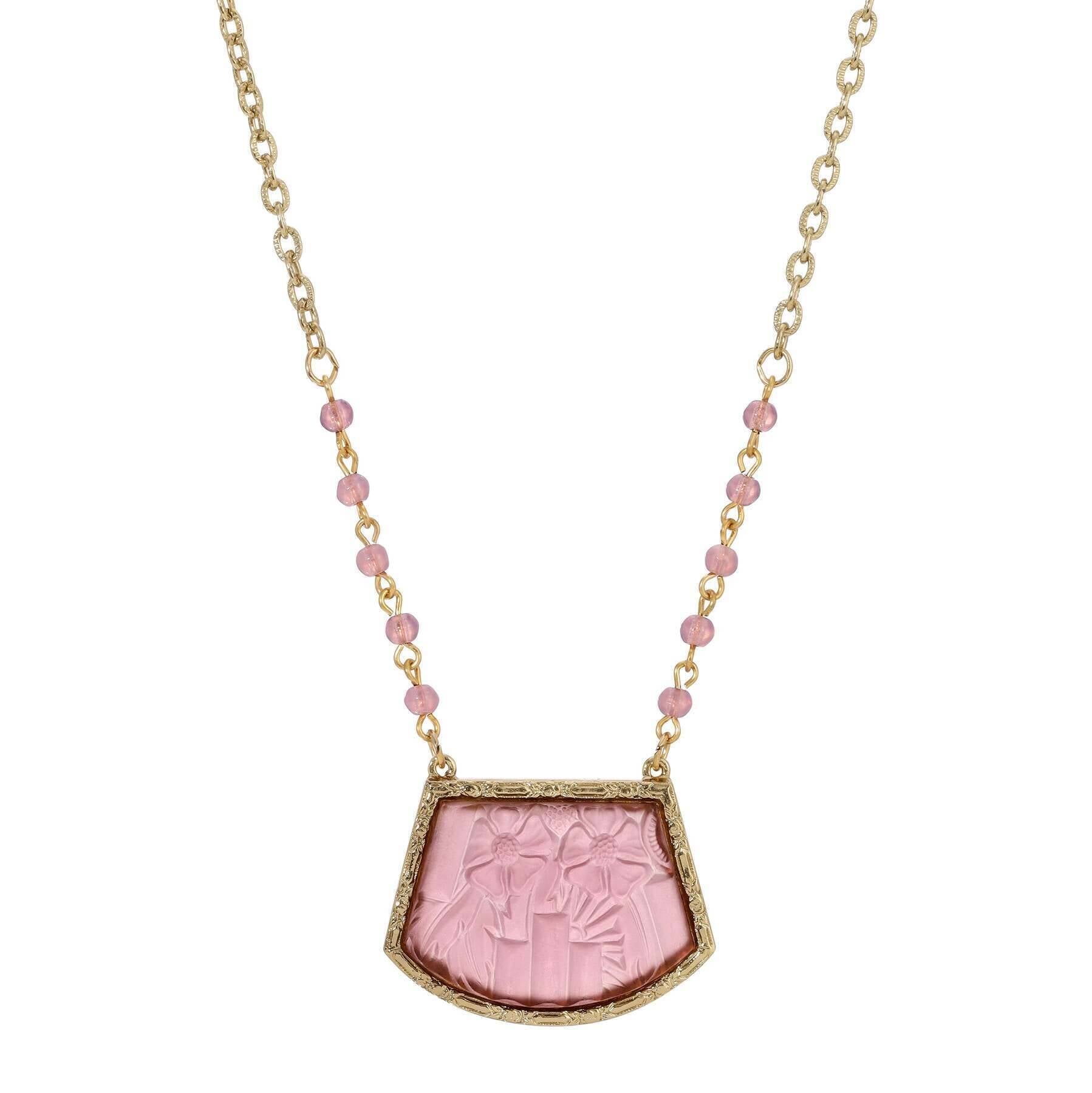 1928 Jewelry Purple Frosted Glass Flower Stone Pendant Necklace 16" + 3" Extender