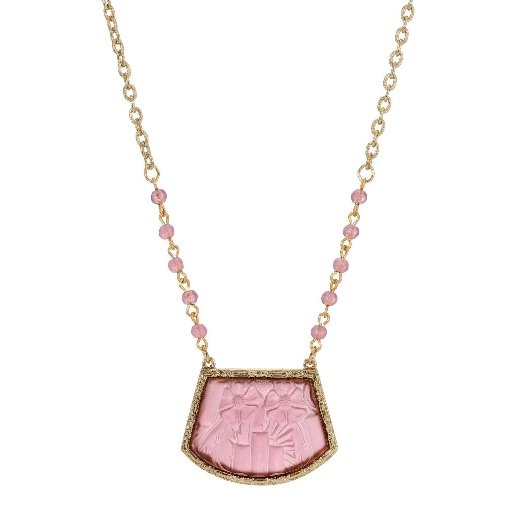 1928 Jewelry Purple Frosted Glass Flower Stone Pendant Necklace 16" + 3" Extender