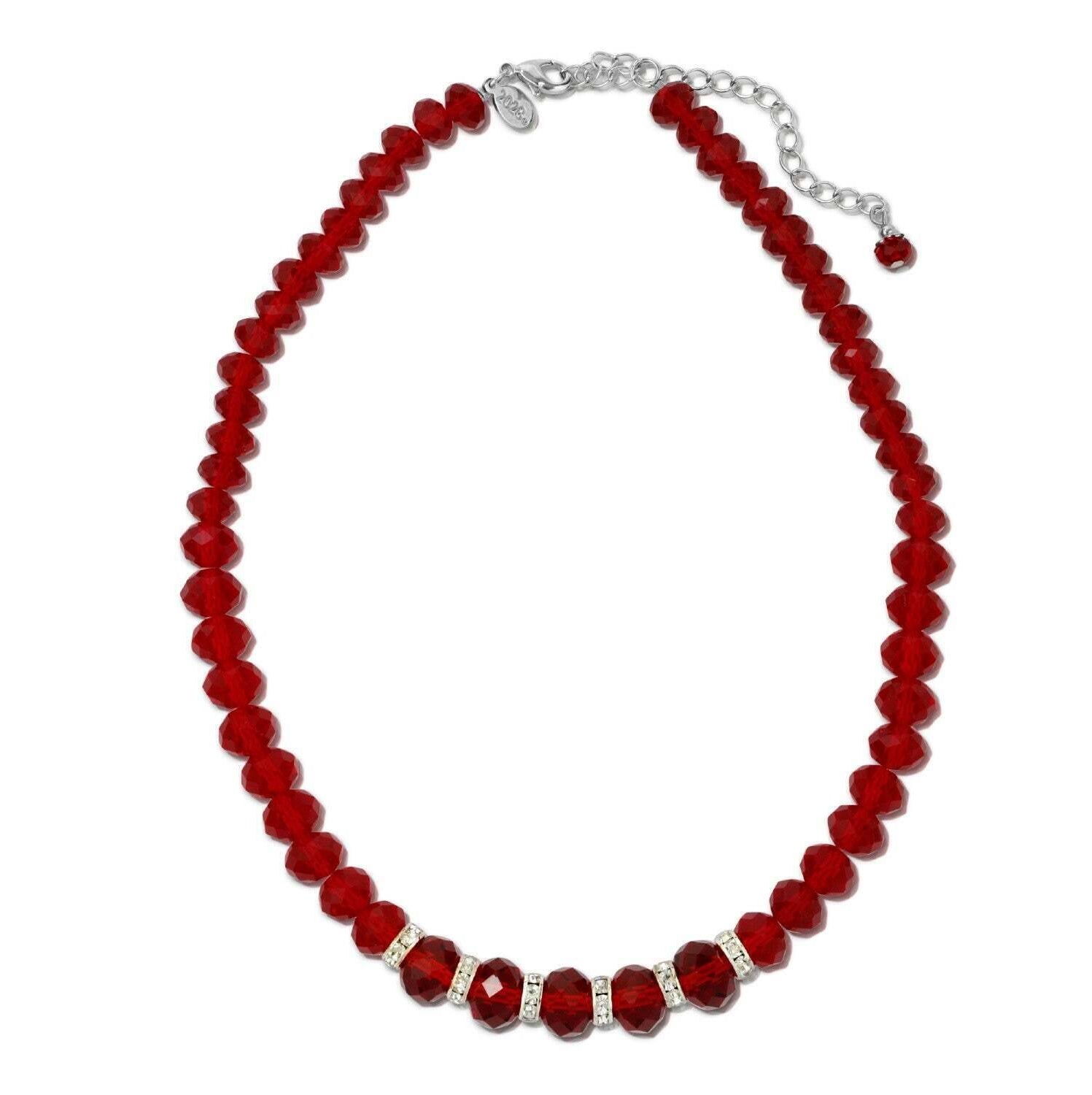 1928 Jewelry Siam Color Faceted Beaded & Clear Crystals Necklace 16" + 3" Extender