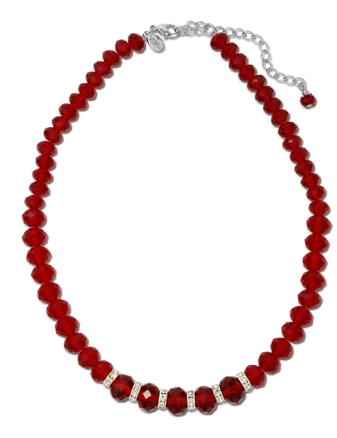 1928 Jewelry Siam Color Faceted Beaded & Clear Crystals Necklace 16" + 3" Extender