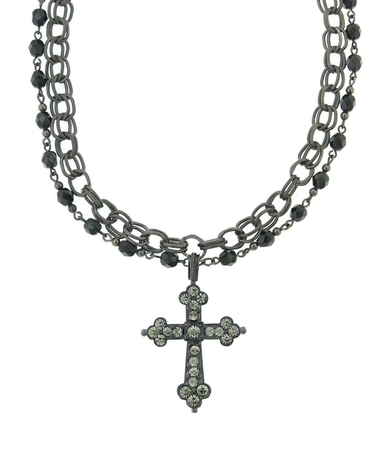 1928 Jewelry Jet Black Diamond Crystal Cross Chain Necklace 16" + 3" Extender