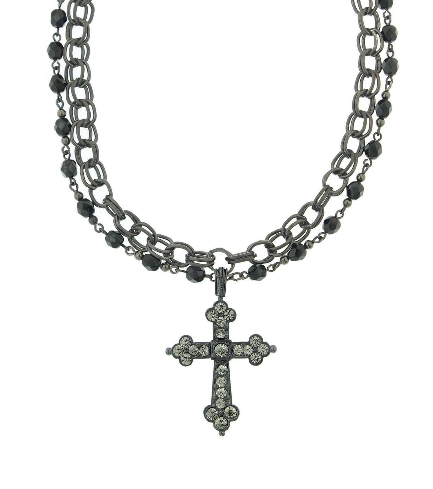 1928 Jewelry Jet Black Diamond Crystal Cross Chain Necklace 16" + 3" Extender
