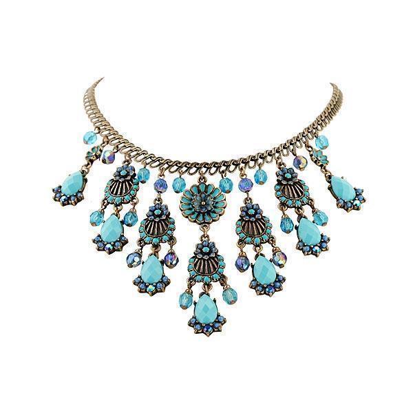 2028 Jewelry Burnished Copper Turquoise AB Crystal Enamel Bib Necklace 16   19 Inch Adjustable