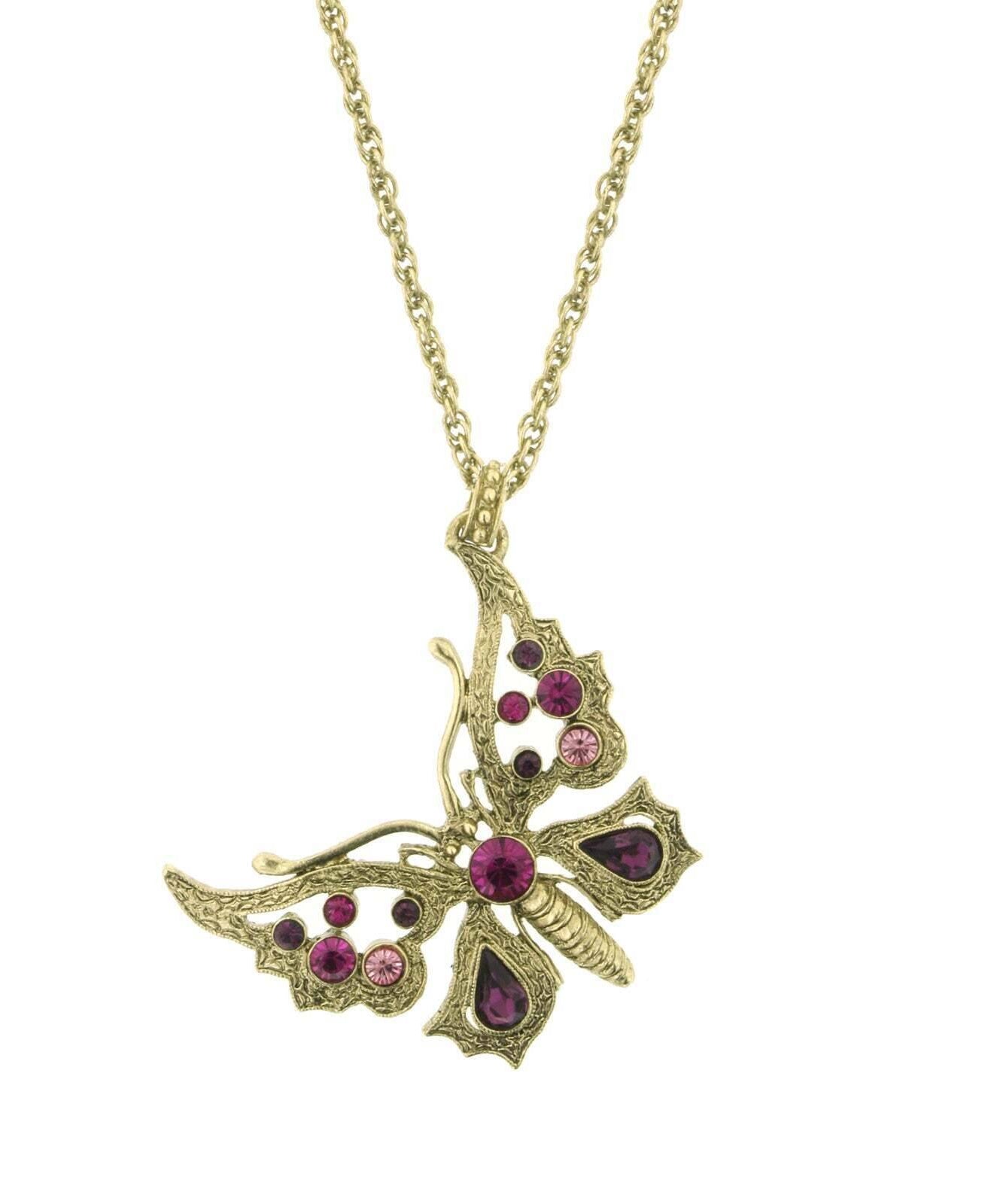 1928 Jewelry Ornate Multi Crystal Butterfly Pendant Necklace 16" + 3" Extender