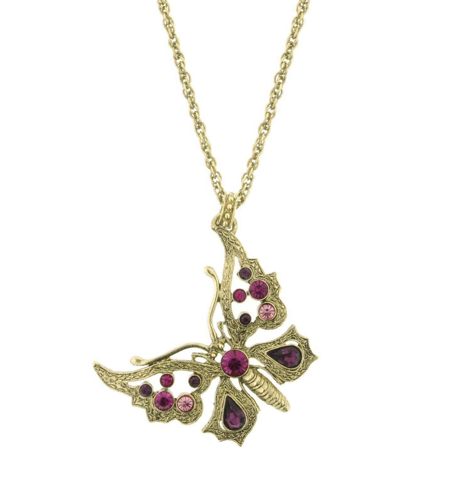 1928 Jewelry Ornate Multi Crystal Butterfly Pendant Necklace 16" + 3" Extender