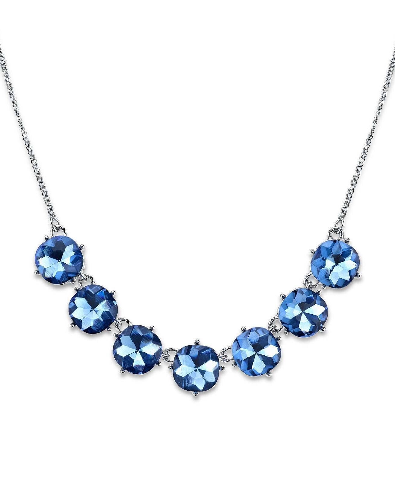 2028 Jewelry Blue Round Faceted Cushion Shaped Glass Stone Collar Necklace 16" + 3" Extender