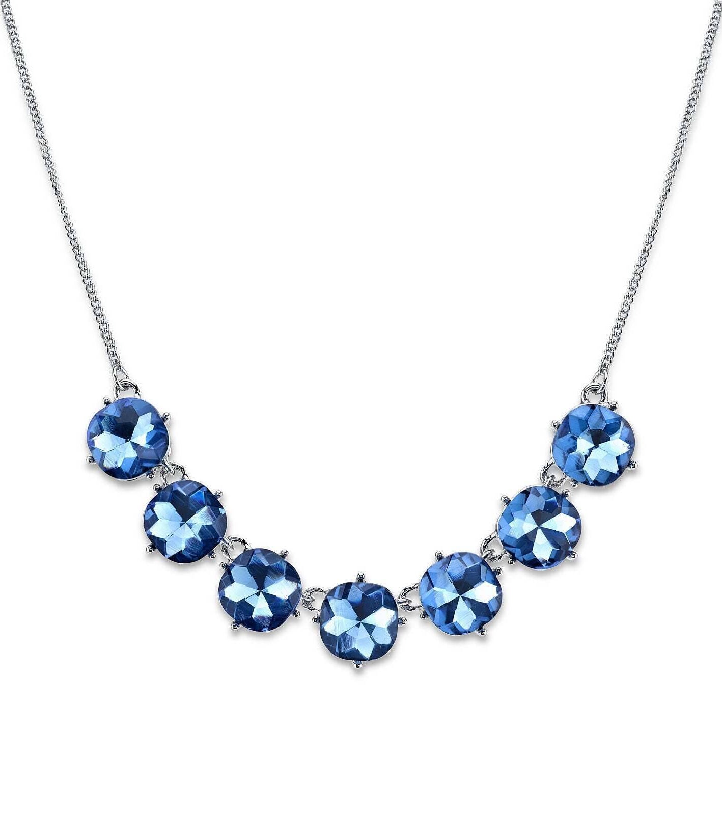 2028 Jewelry Blue Round Faceted Cushion Shaped Glass Stone Collar Necklace 16" + 3" Extender
