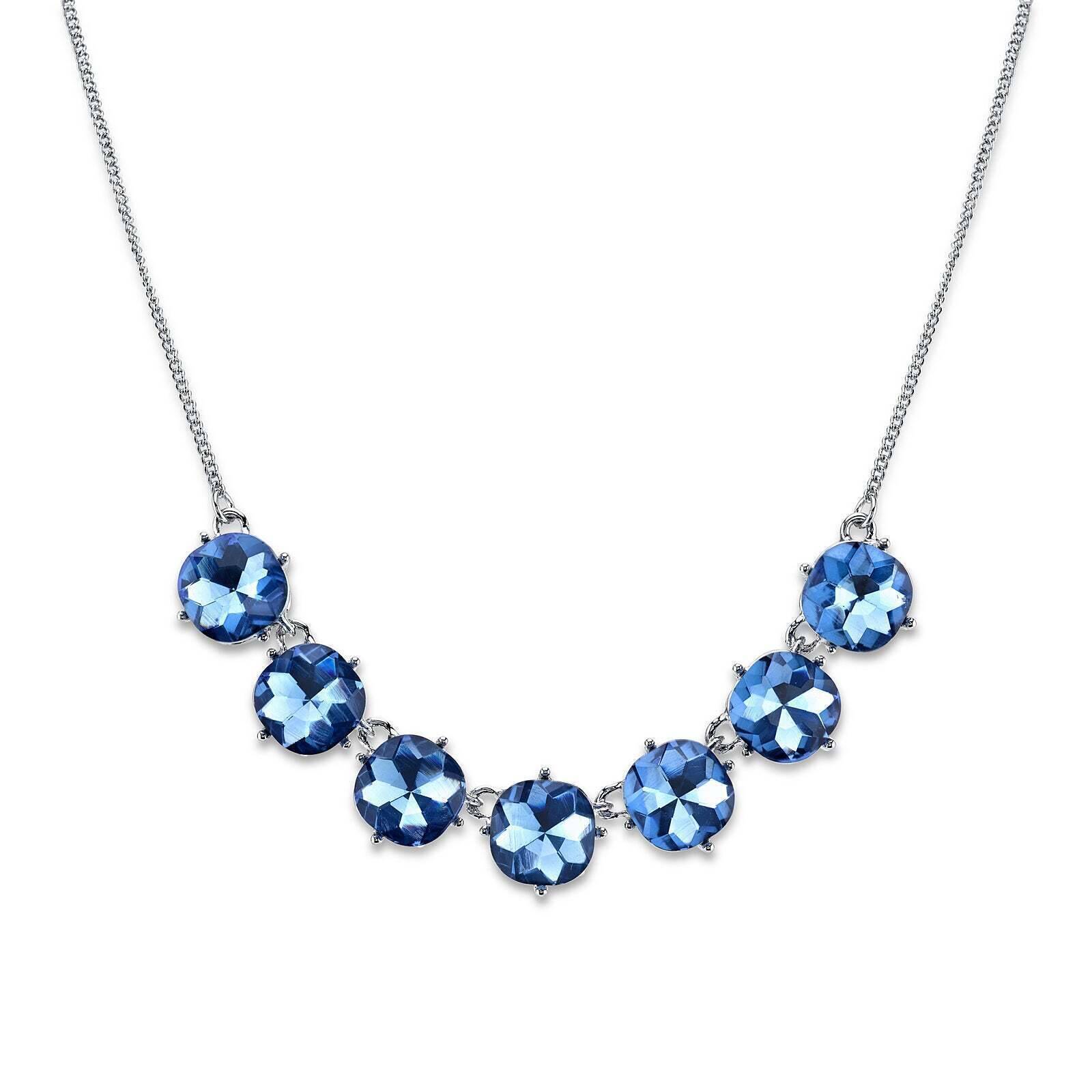 2028 Jewelry Blue Round Faceted Cushion Shaped Glass Stone Collar Necklace 16" + 3" Extender