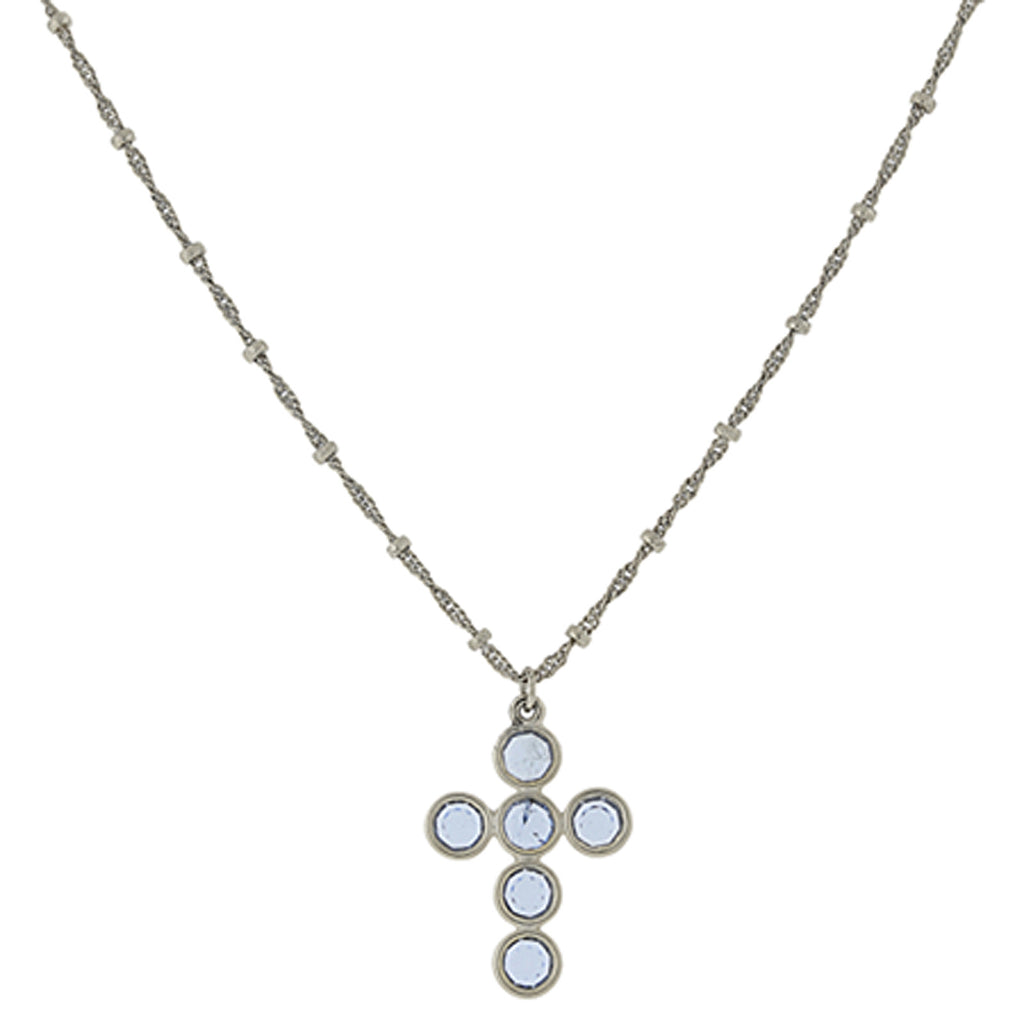 Silver Tone Lt. Blue Austrian Cross Necklace 16   19 Inch Adjustable