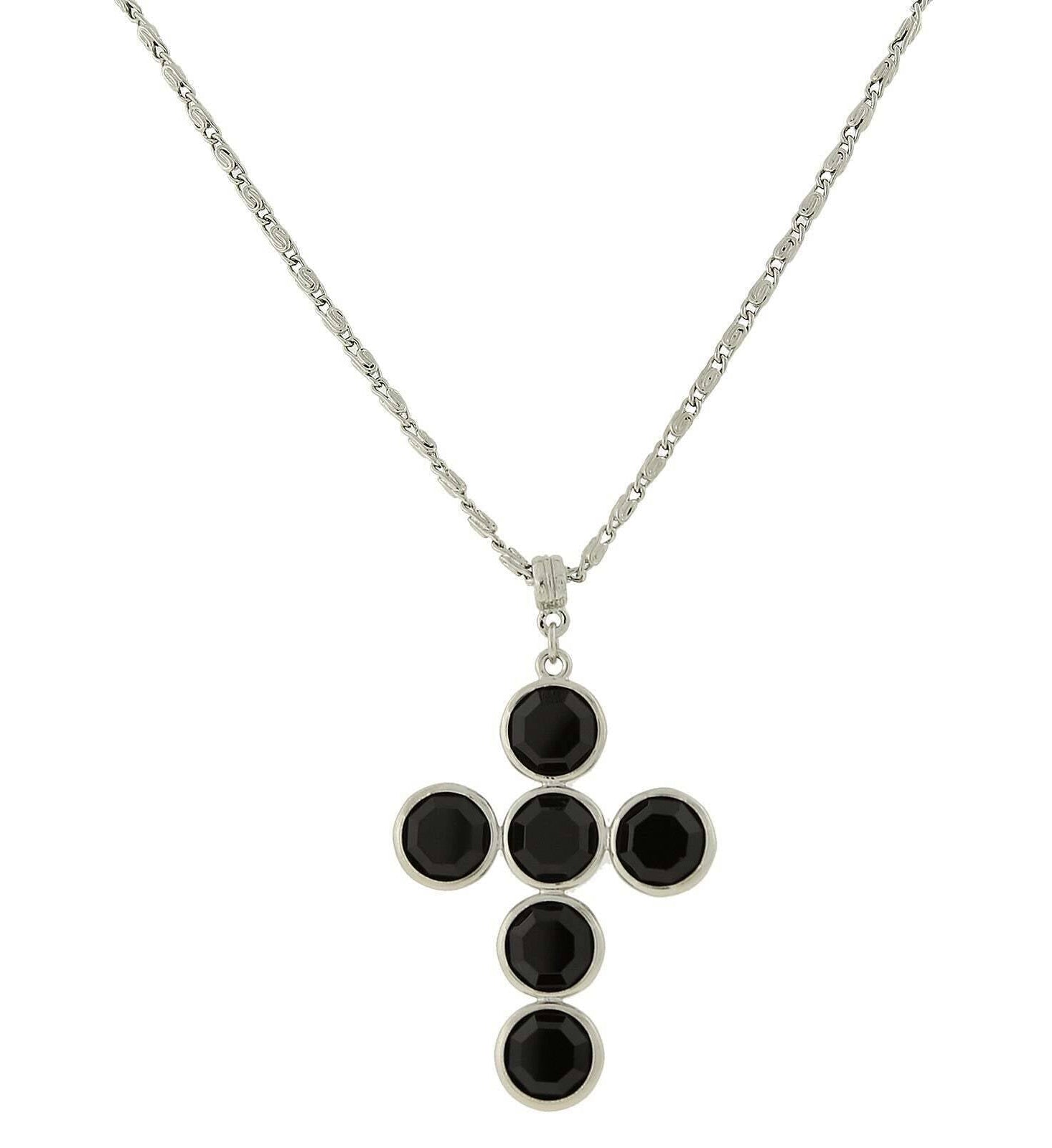 1928 Jewelry Silver Tone Austrian Crystal Cross Pendant Necklace 20"