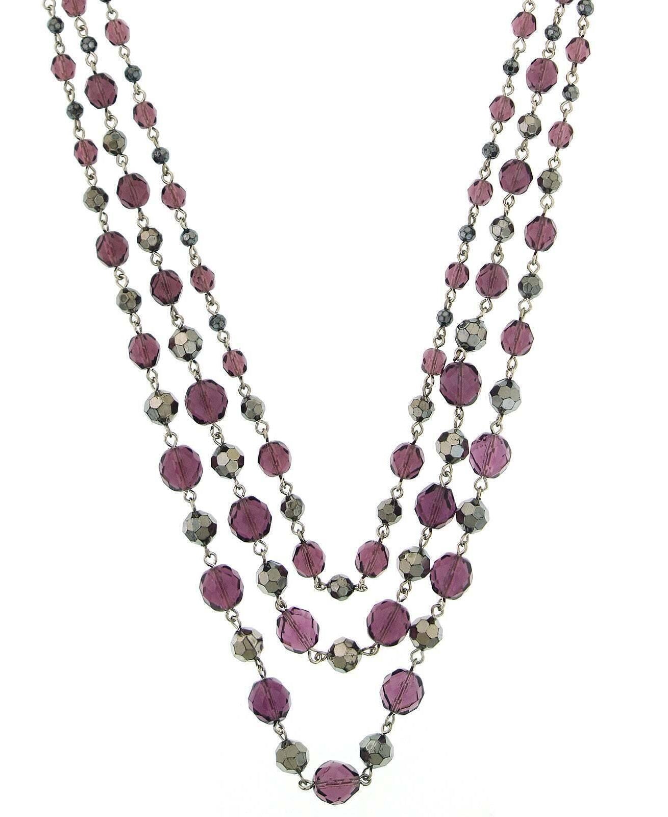 2028 Jewelry Amethyst Purple and Hematite-Color Beaded 3-Strand Necklace 16" + 3" Extender