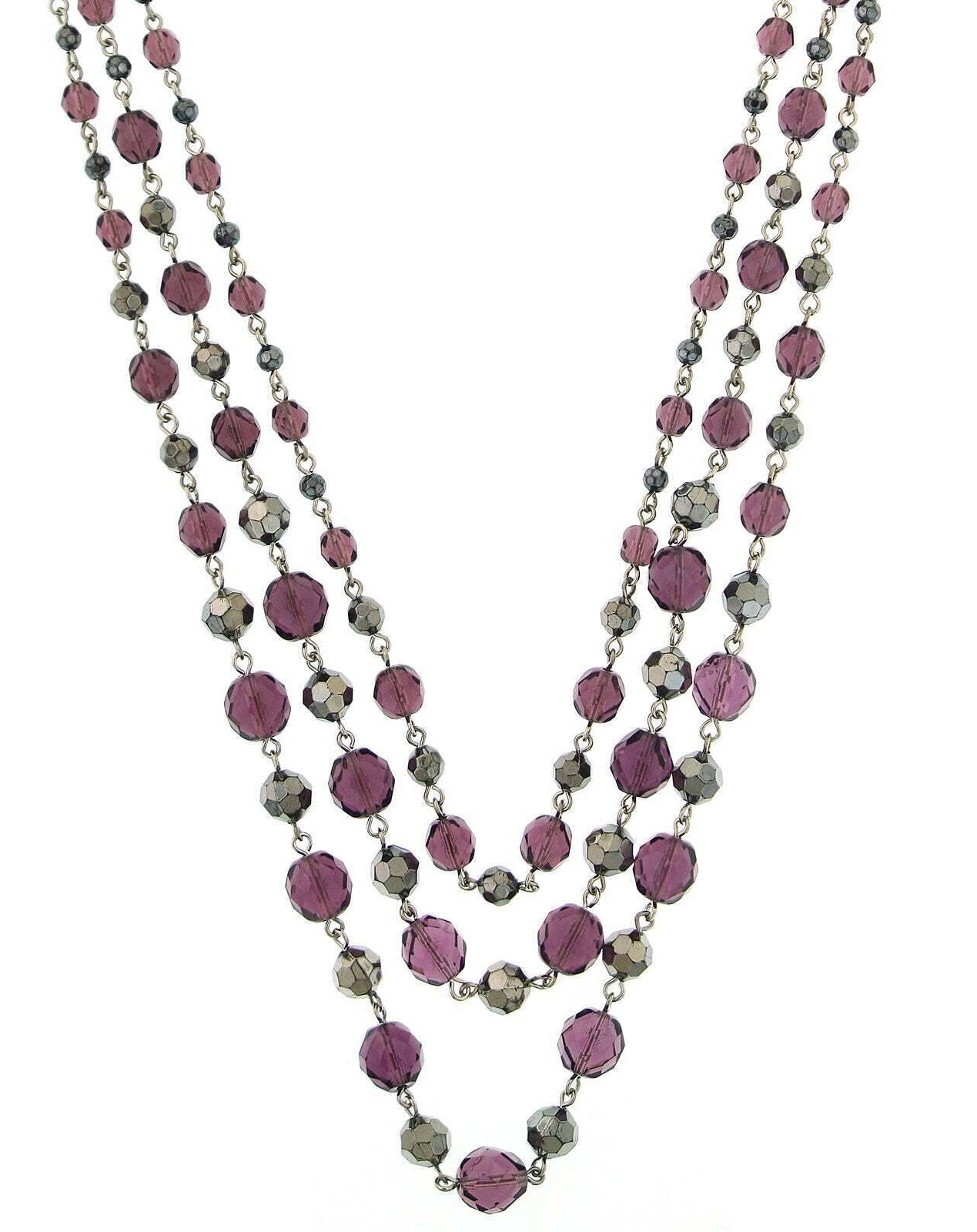 2028 Jewelry Amethyst Purple and Hematite-Color Beaded 3-Strand Necklace 16" + 3" Extender