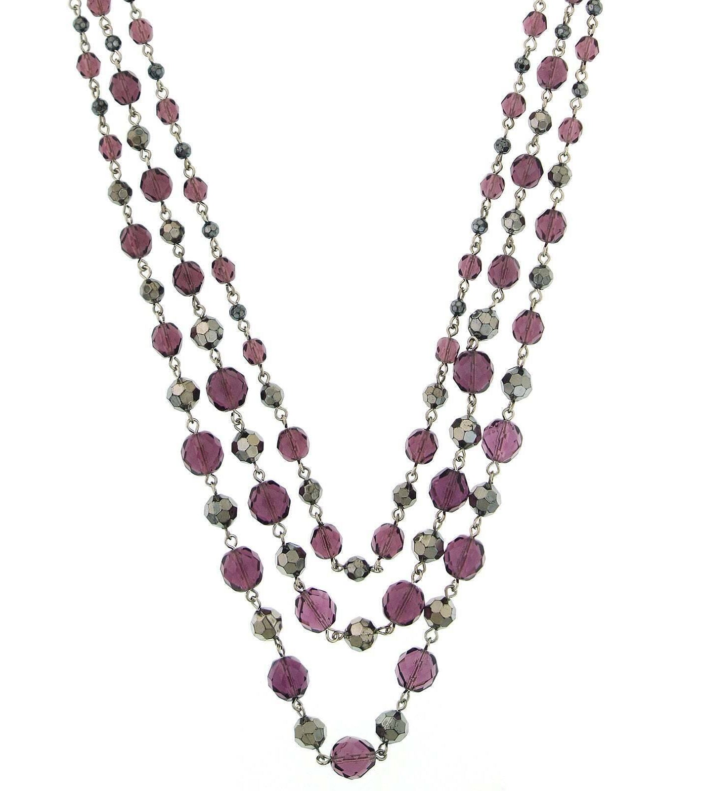 2028 Jewelry Amethyst Purple and Hematite-Color Beaded 3-Strand Necklace 16" + 3" Extender