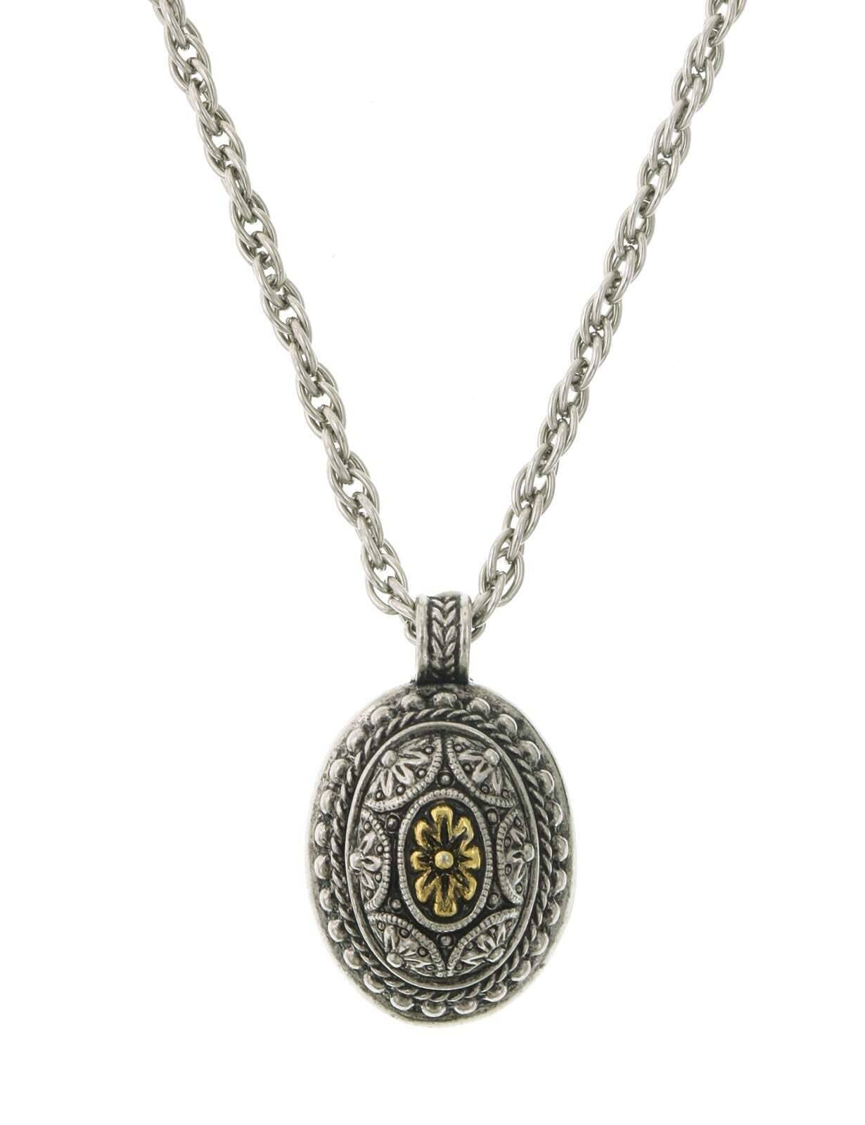 1928 Jewelry Two Tone Oval Flower Pendant Necklace 16" + 3" Extender