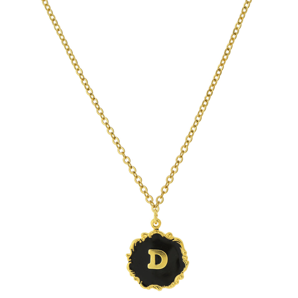14K Gold Dipped Black Enamel Initial Pendant Necklaces D