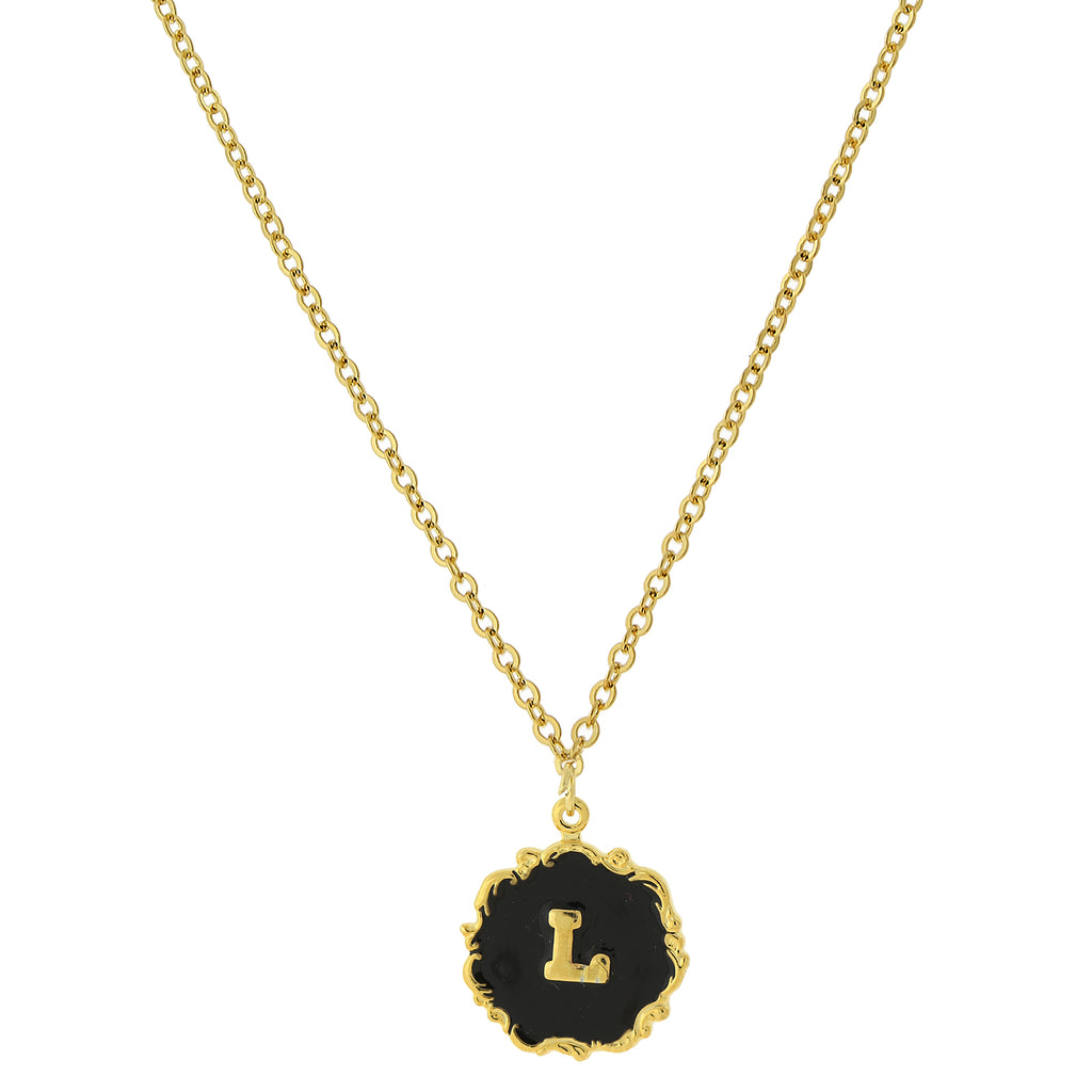 14K Gold Dipped Black Enamel Initial Pendant Necklaces L