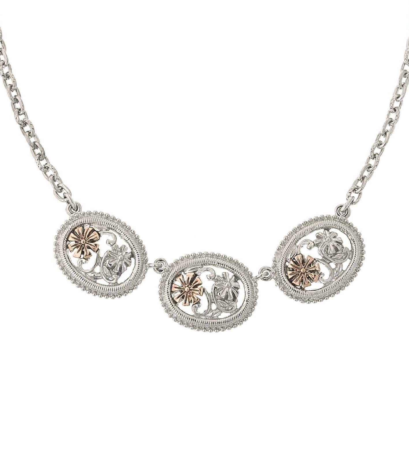 1928 Jewelry Filigree Flower Necklace 16" + 3" Extender