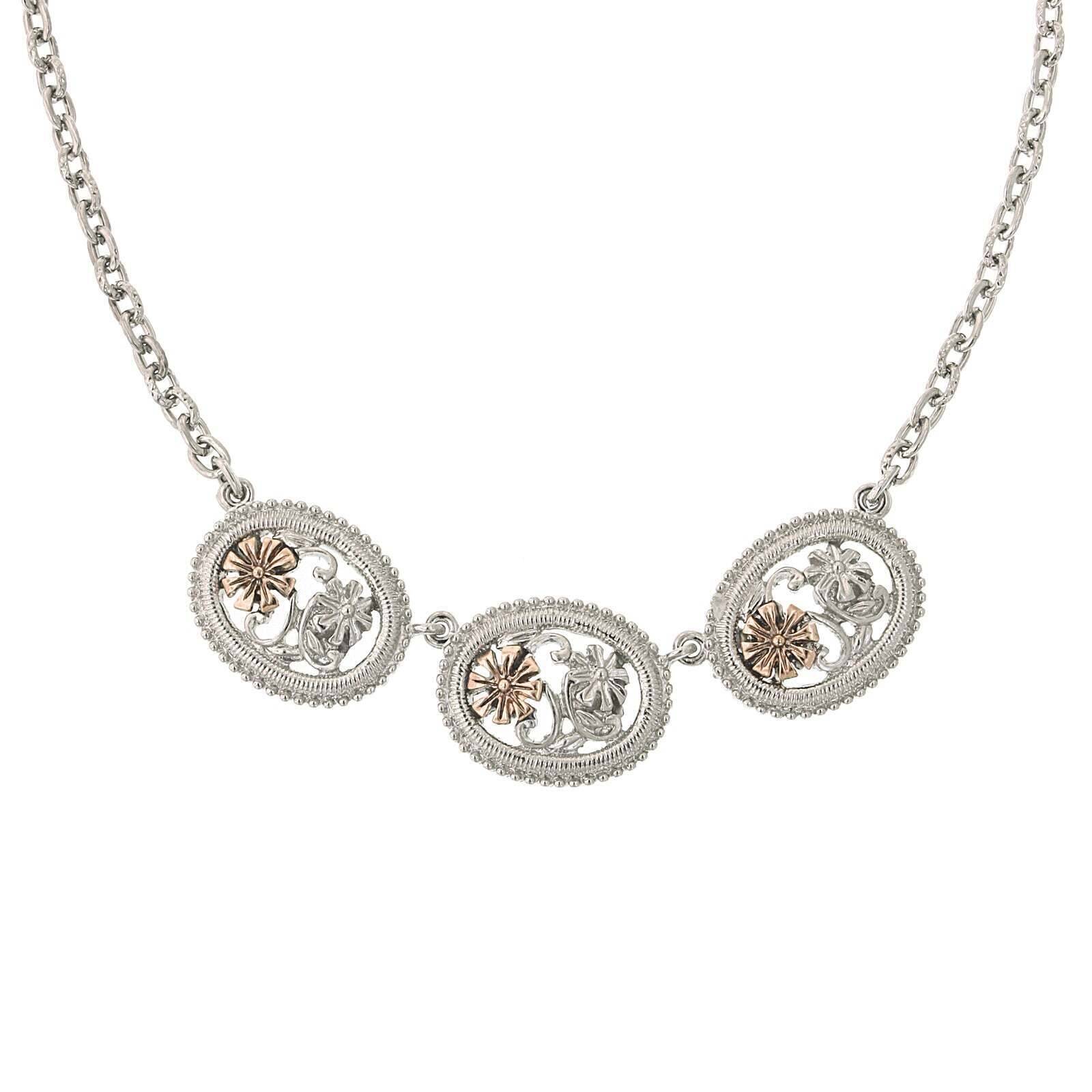 1928 Jewelry Filigree Flower Necklace 16" + 3" Extender