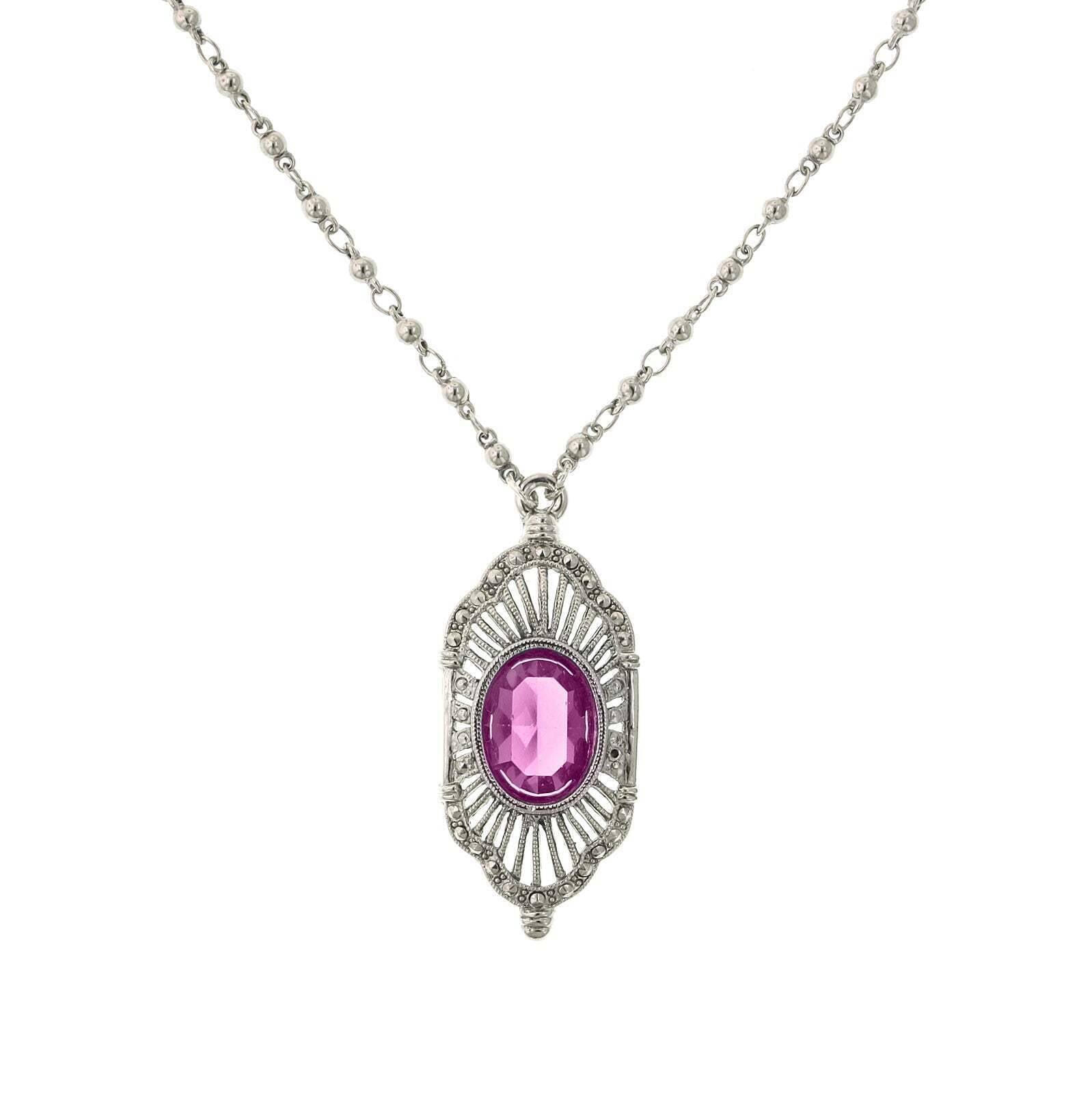 2028 Jewelry Fuchsia Pink Stone Faux Marcasite Deco Pendant Necklace 16" + 3" Extender