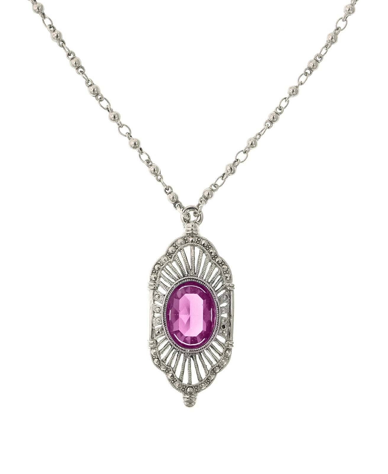 2028 Jewelry Fuchsia Pink Stone Faux Marcasite Deco Pendant Necklace 16" + 3" Extender