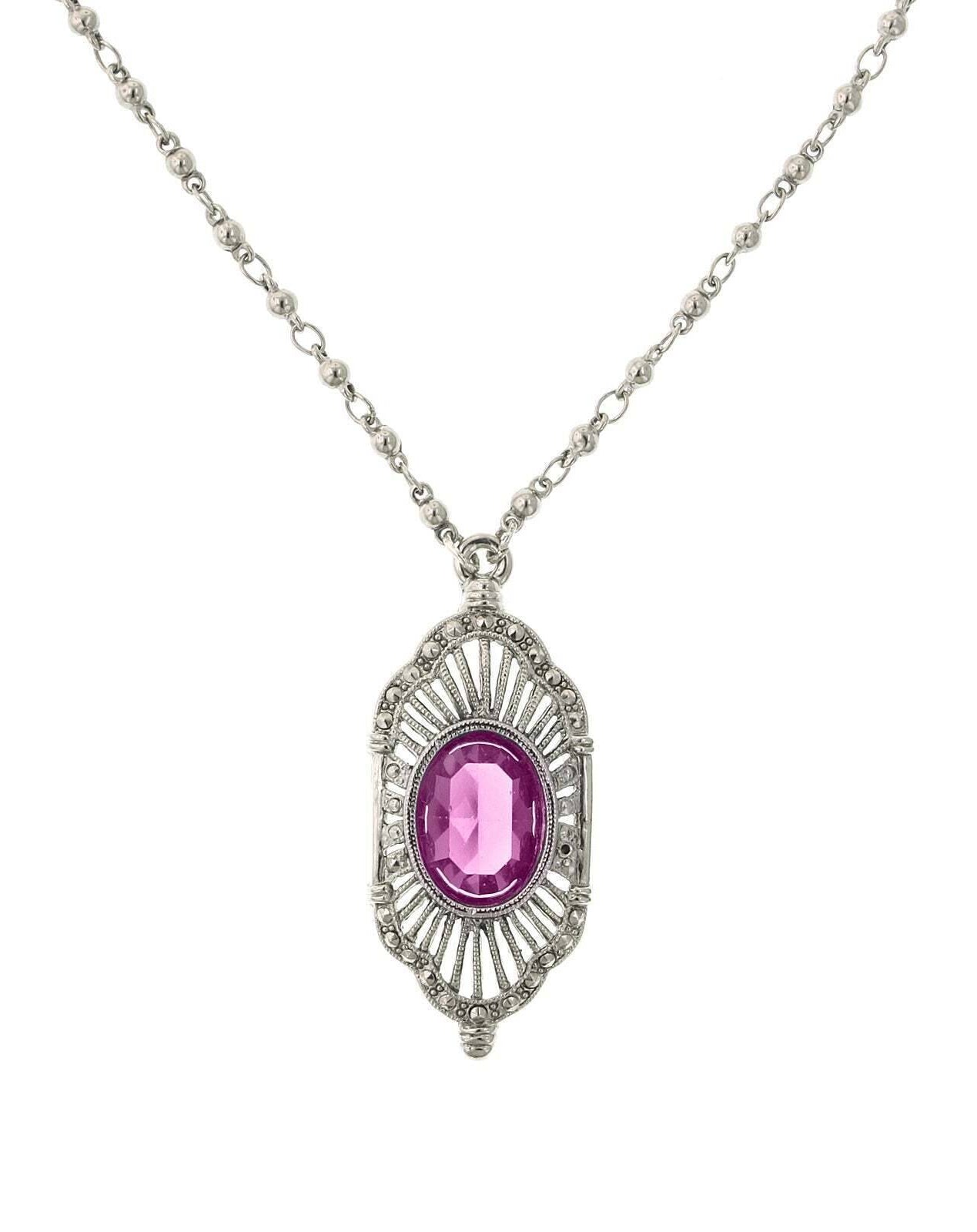 2028 Jewelry Fuchsia Pink Stone Faux Marcasite Deco Pendant Necklace 16" + 3" Extender