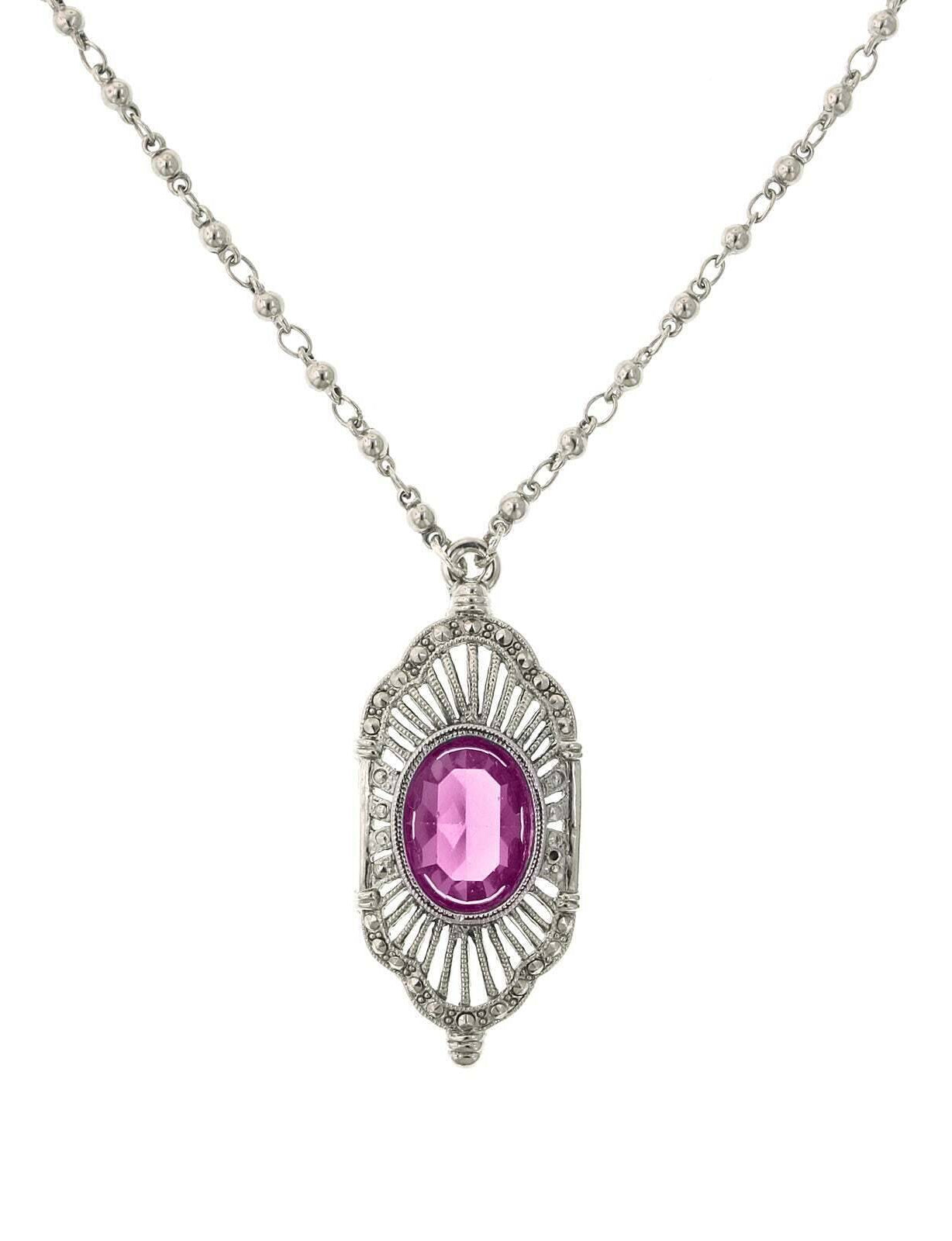 2028 Jewelry Fuchsia Pink Stone Faux Marcasite Deco Pendant Necklace 16" + 3" Extender