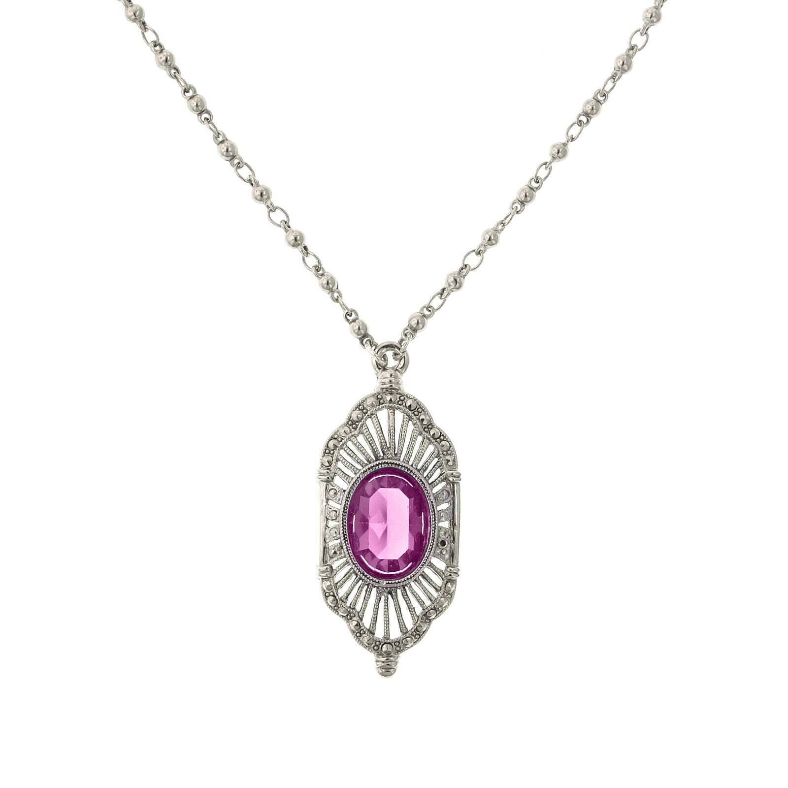 2028 Jewelry Fuchsia Pink Stone Faux Marcasite Deco Pendant Necklace 16" + 3" Extender