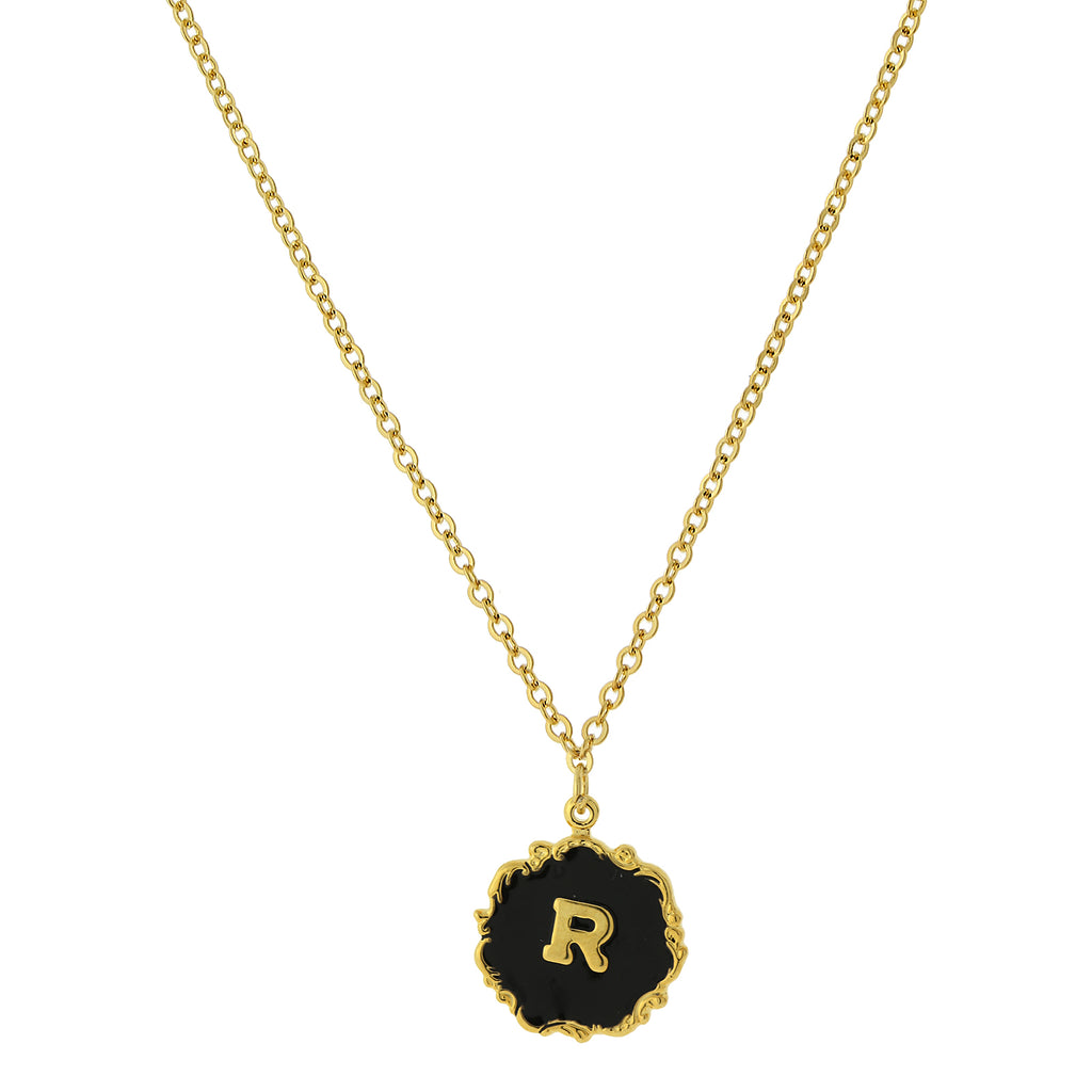 14K Gold Dipped Black Enamel Initial Pendant Necklaces R