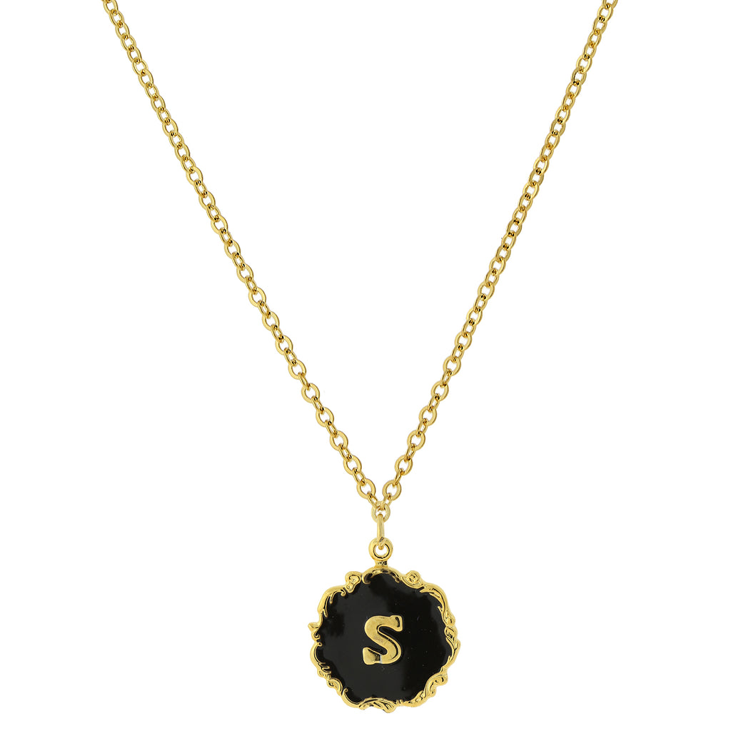 14K Gold Dipped Black Enamel Initial Pendant Necklaces S