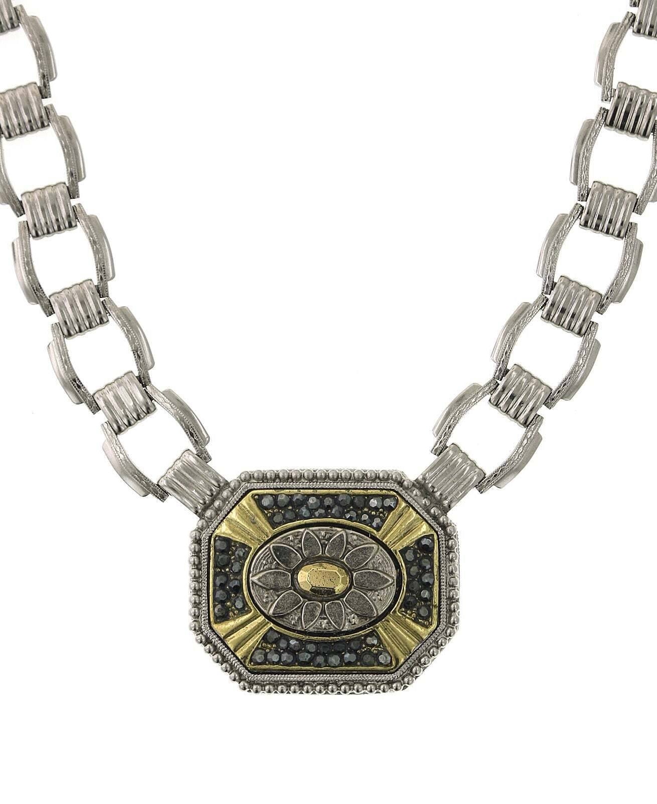 2028 Jewelry Daisy Octagonal Hematite Stone Link Pendant Necklace 16"