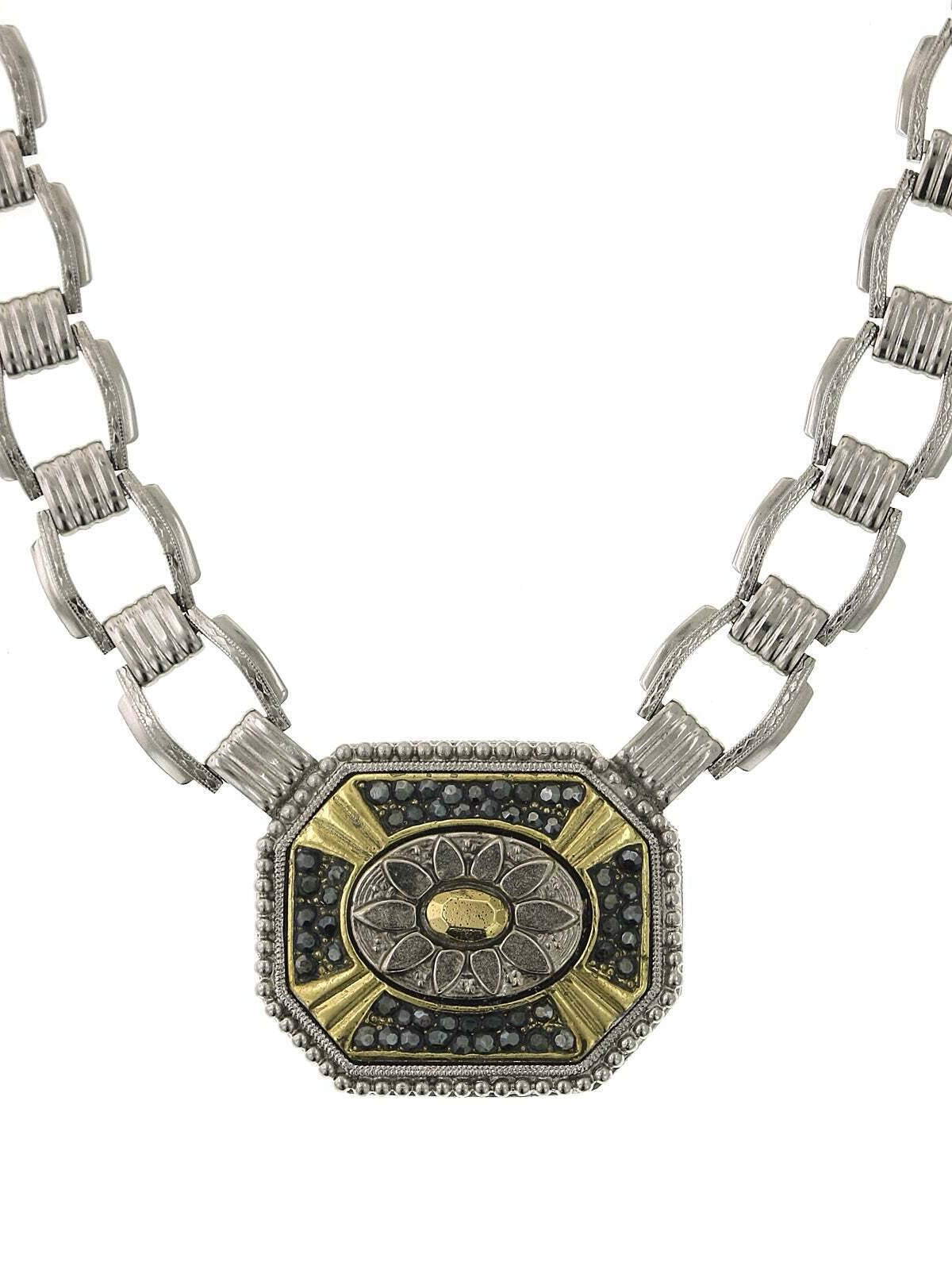 2028 Jewelry Daisy Octagonal Hematite Stone Link Pendant Necklace 16"