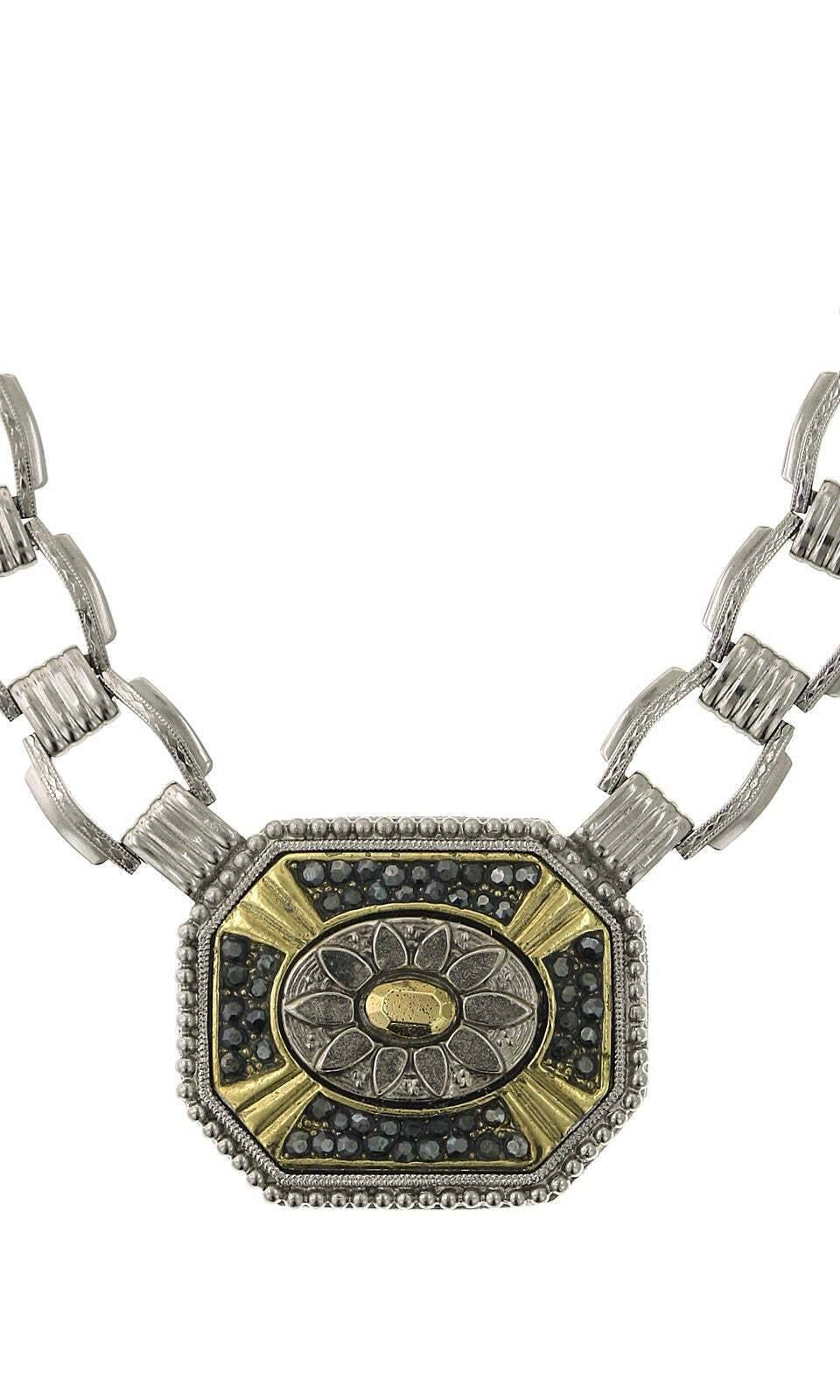 2028 Jewelry Daisy Octagonal Hematite Stone Link Pendant Necklace 16"