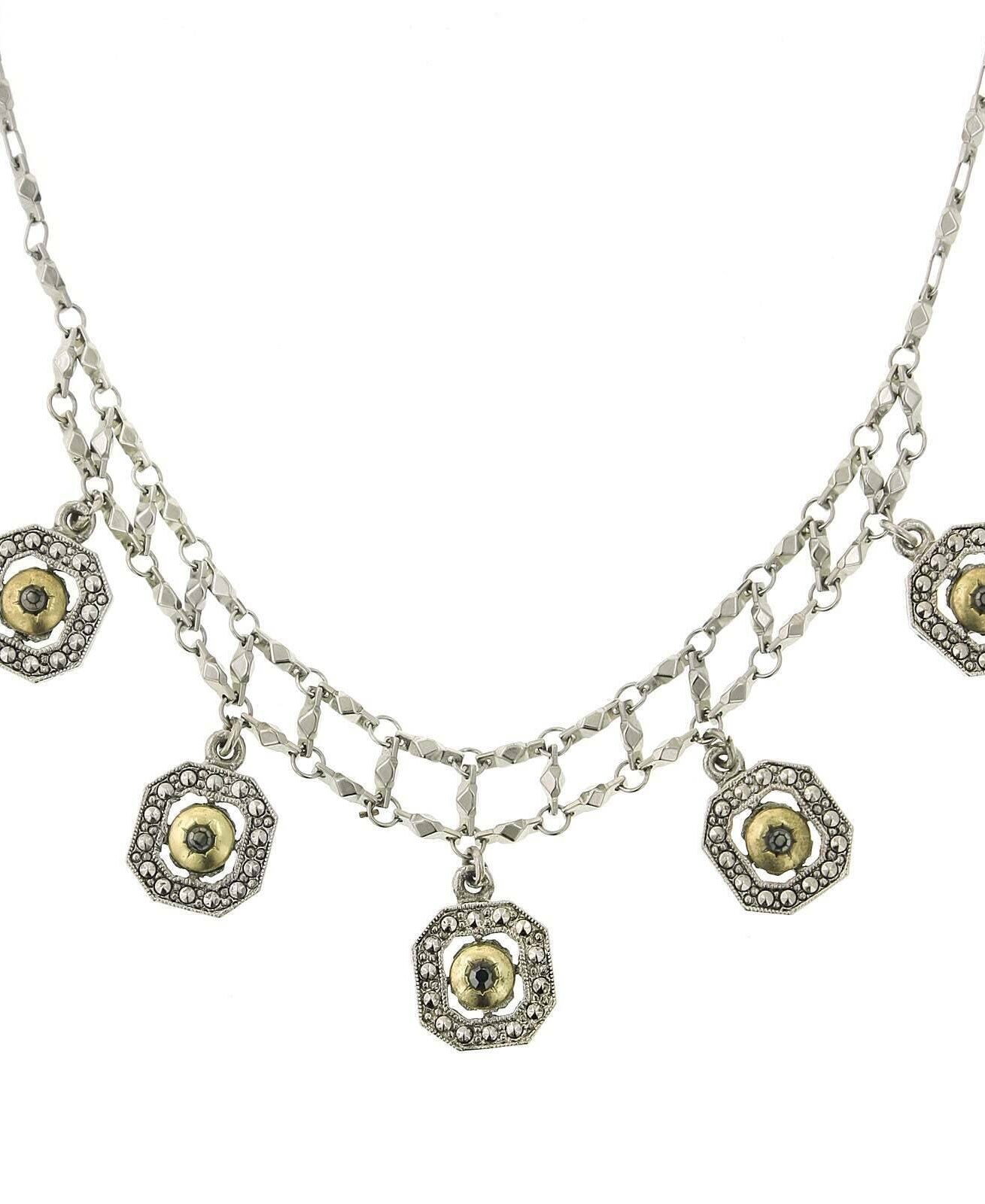 1928 Jewelry 5 Faux Marcasite & Gold Tone Octagon Drop Necklace 15" + 3" Extender