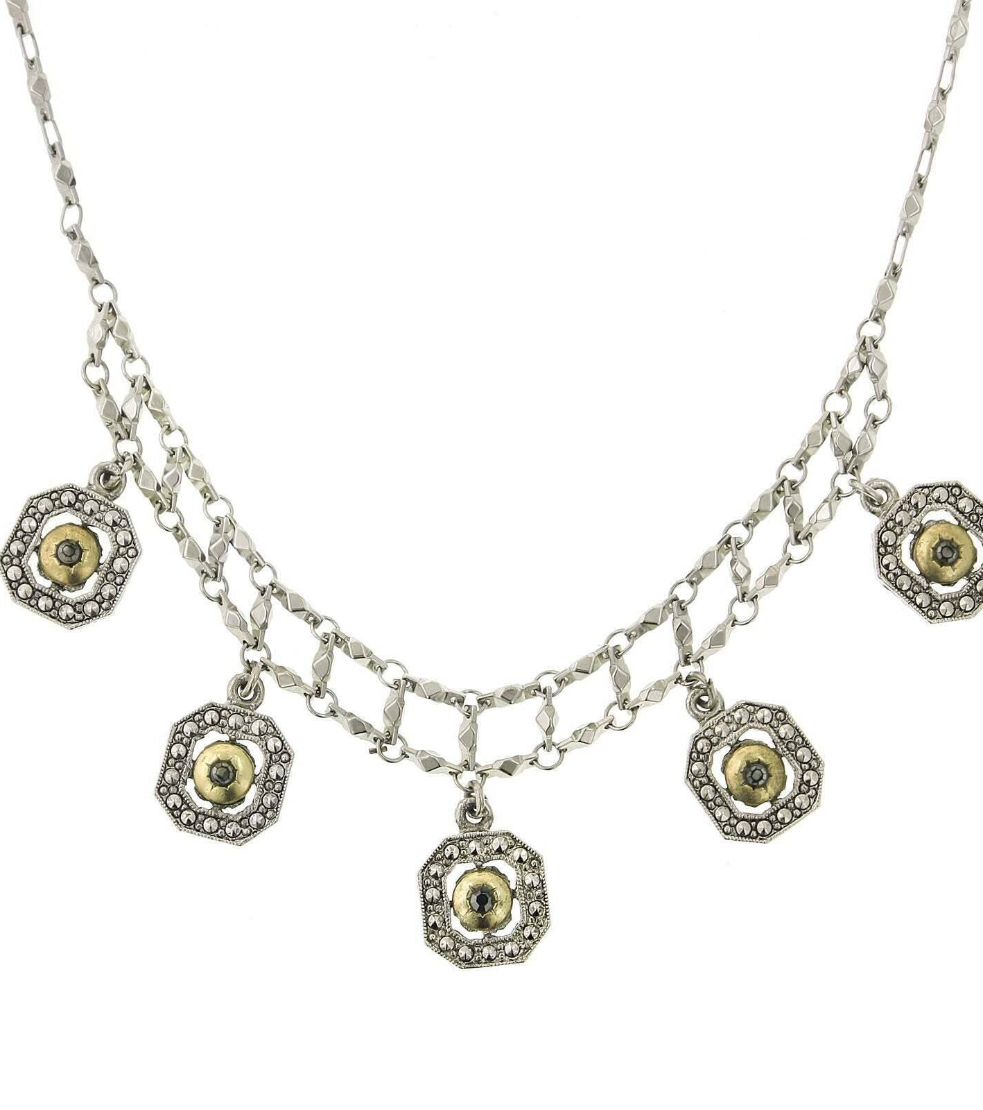 1928 Jewelry 5 Faux Marcasite & Gold Tone Octagon Drop Necklace 15" + 3" Extender